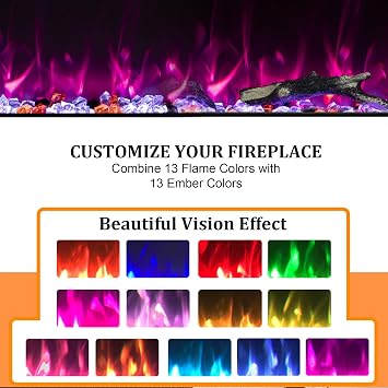 127cm Electric Fireplace Insert, Wall Mounted Fireplace Heater, 13 * 13 Flame Effects, Realistic Logs Ember Bed, Adjustable Thermostat & Timer, 1500W, Black(50)