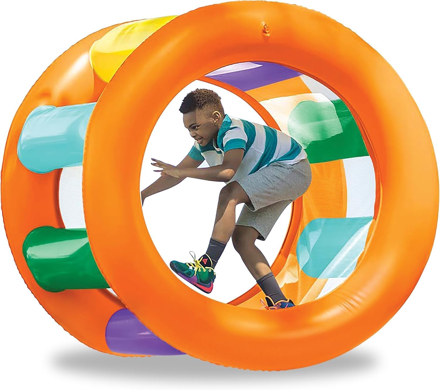 HearthSong Roll with It! 2.0 Giant Inflatable Rainbow Land Roller with Mesh Interior for Active Outdoor Play, 67" Outer Diam. x 45" Inner Diam., Holds up to 300 lbs.