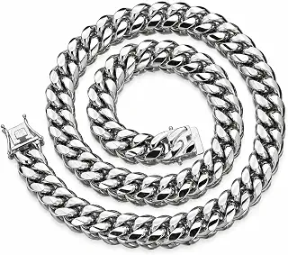 Rockyu ネックレス メンズ ステンレス シルバー キューバンチェーン 喜平 ヒップホップ ボックスクラスプ 幅18mm 長さ46cm | 重厚感のあるシルバーのキューバンチェーンが、首元に力強くクールなアクセントを添えるメンズネックレス。