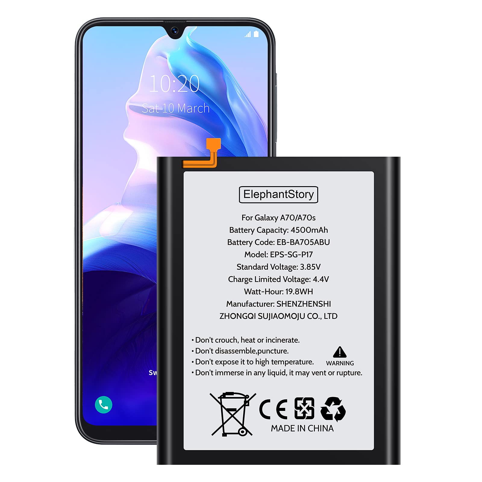 Battery for Galaxy A70 A70S SM-A705 SM-A705F SM-A707F 4500mAh Battery Code EB-BA705ABU Li-Polymer Replacement Battery with Repair Tool Kit