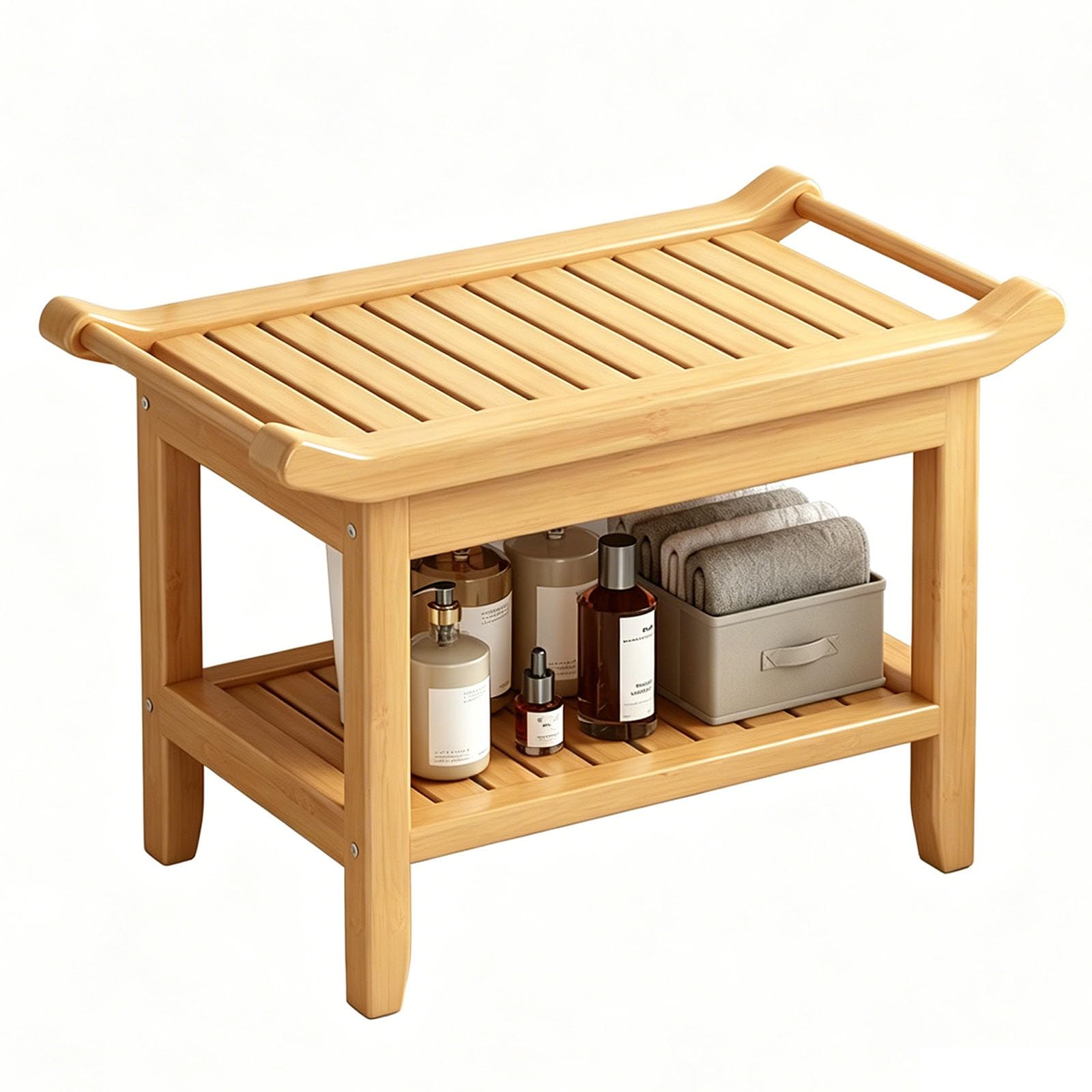 Amzgshop Wood 60Cm Bamboo Shower Bench With Storage Shelf & Handles