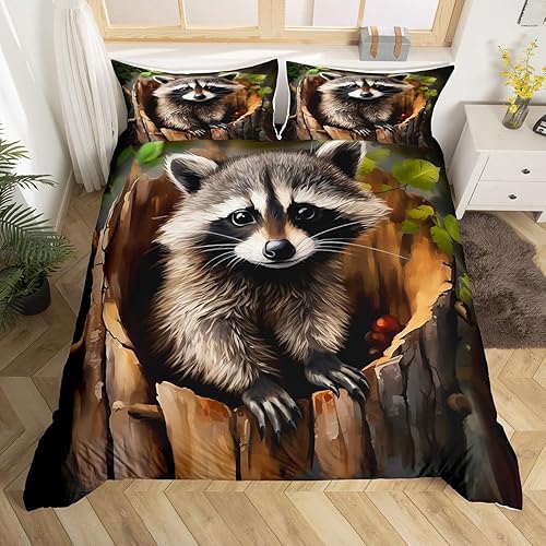 Feelyou Juego de ropa de cama con diseño de mapache con diseño de mapache para niños y niñas, con temática de animales en 3D, funda de edredón para