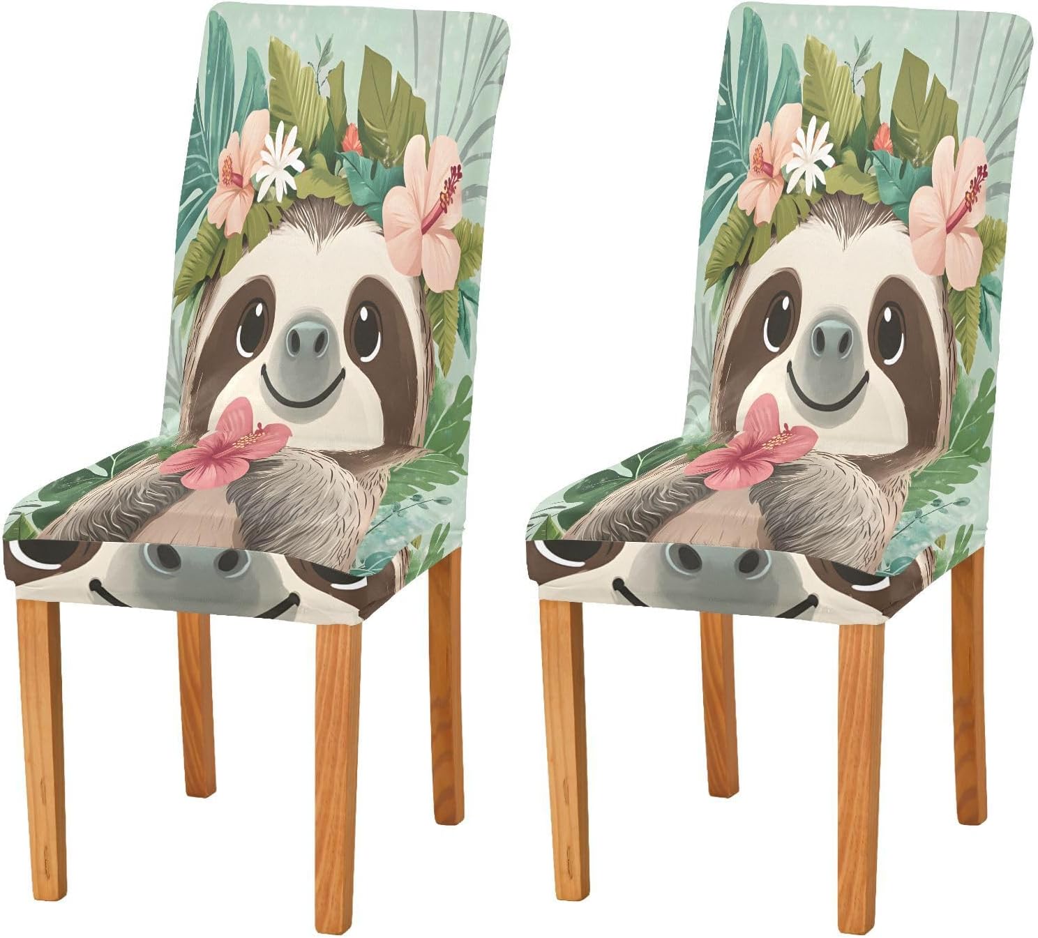 ALAZA Chair Covers for Dining Room, Cute Sloth Tropical Plants Stretch Chair Cover Sets Chair Protector Removable Washable for Ktichen Restaurant Hotel
