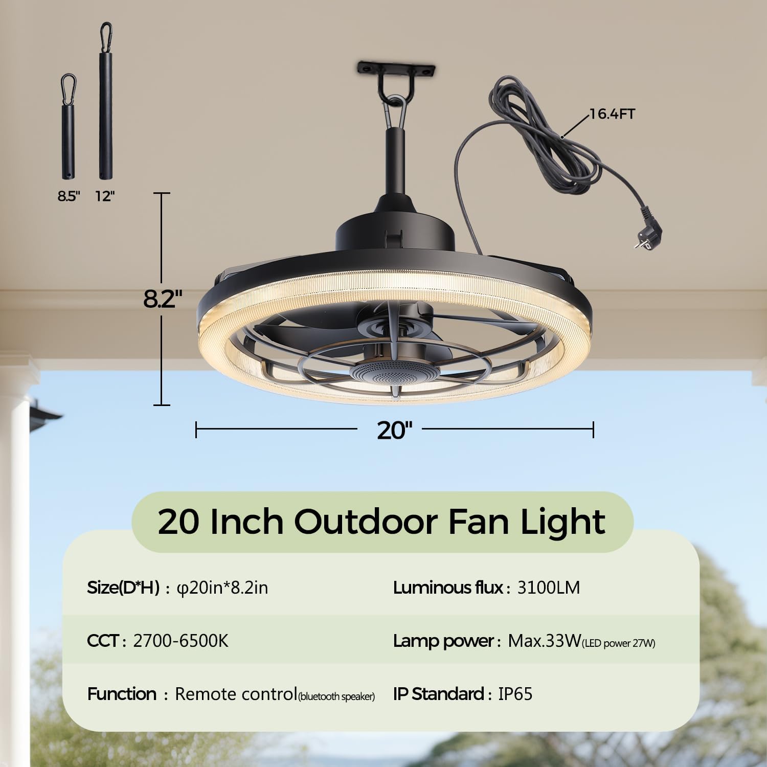 20" Outdoor Ceiling Fans with Light, IP65 Waterproof Gazebo Fan, 16.4ft Plug-in Hanging Fan Remote Control, 3CCT Dimmable, 6-Speeds,with Bluetooth Speaker for Gazebo,Patio,Pergola,Porch Black Blade Speaker