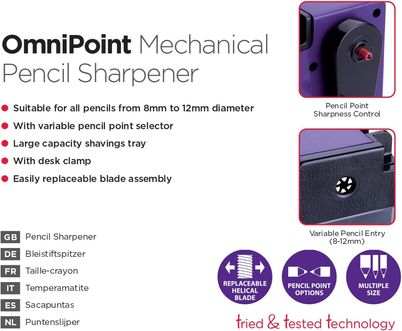 Swordfish 40305 OmniPoint Mechanical Versatile Manual Pencil Sharpener, 8-12 mm - Purple