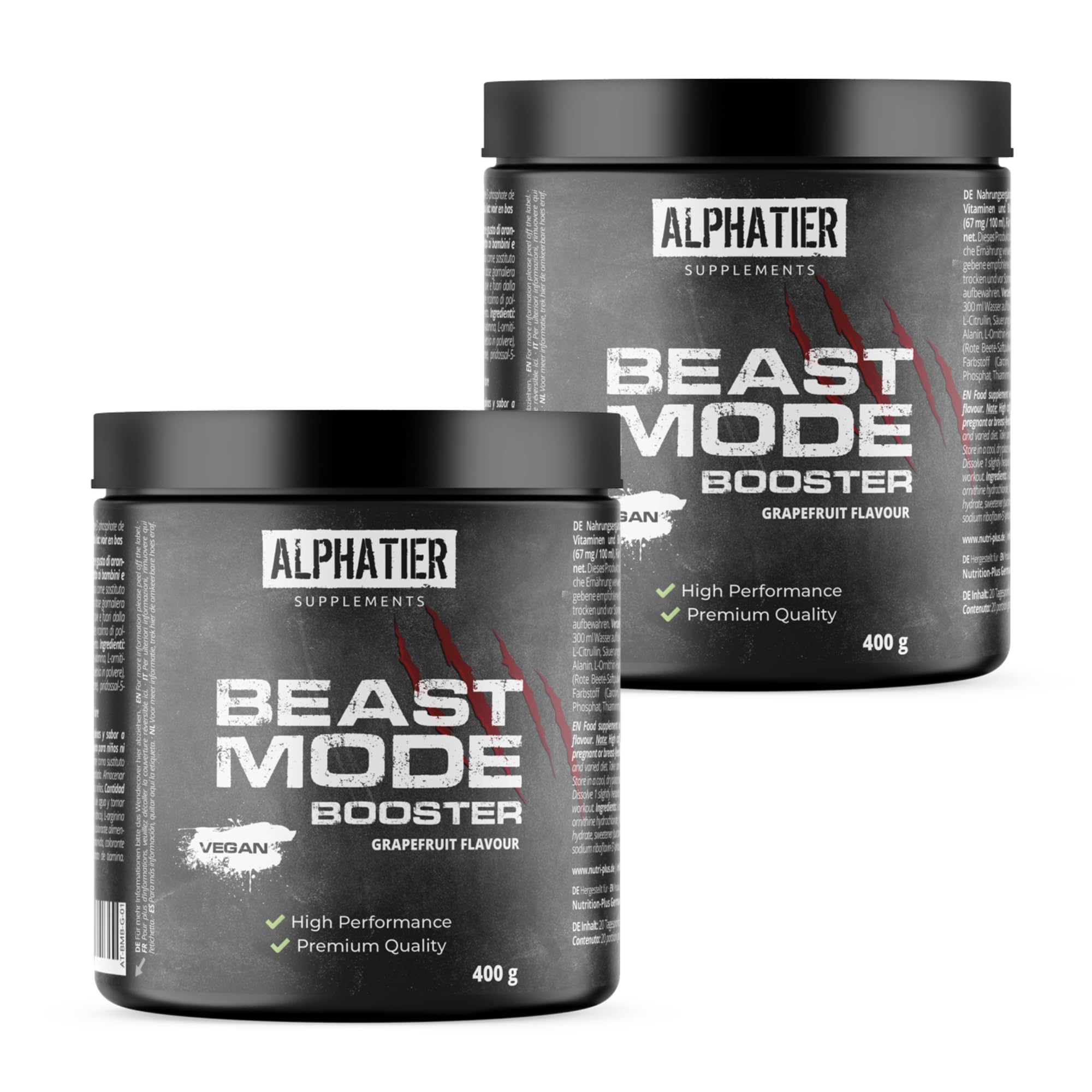 Alphatier Beastmode Pre-Workout Booster Grapefruit - hochdosiert, klumpenfrei + vegan - Koffein Citrullin L-Arginin ß-Alanin Betain HCL Ornithin 400 g