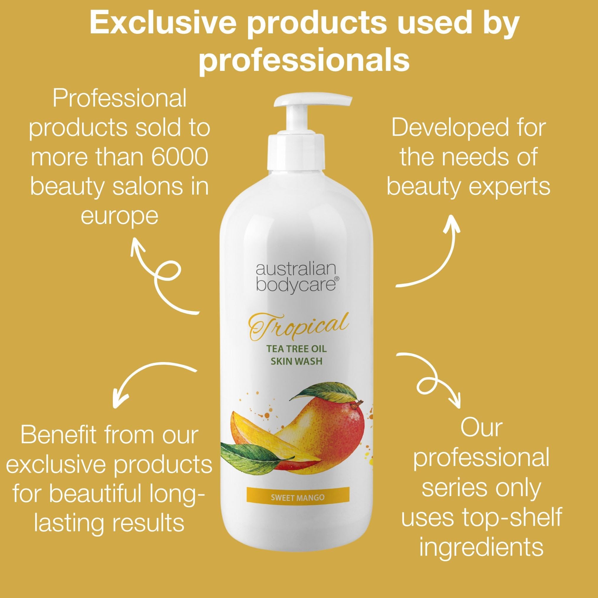 Jabón de Piel Profesional 1000 ml | Aceite de árbol de té + Gel de mango dulce tropical | Gel de Baño para el cuerpo | Tiene un efecto suavizante | Para pieles impuras, espinillas o antes del afeitado
