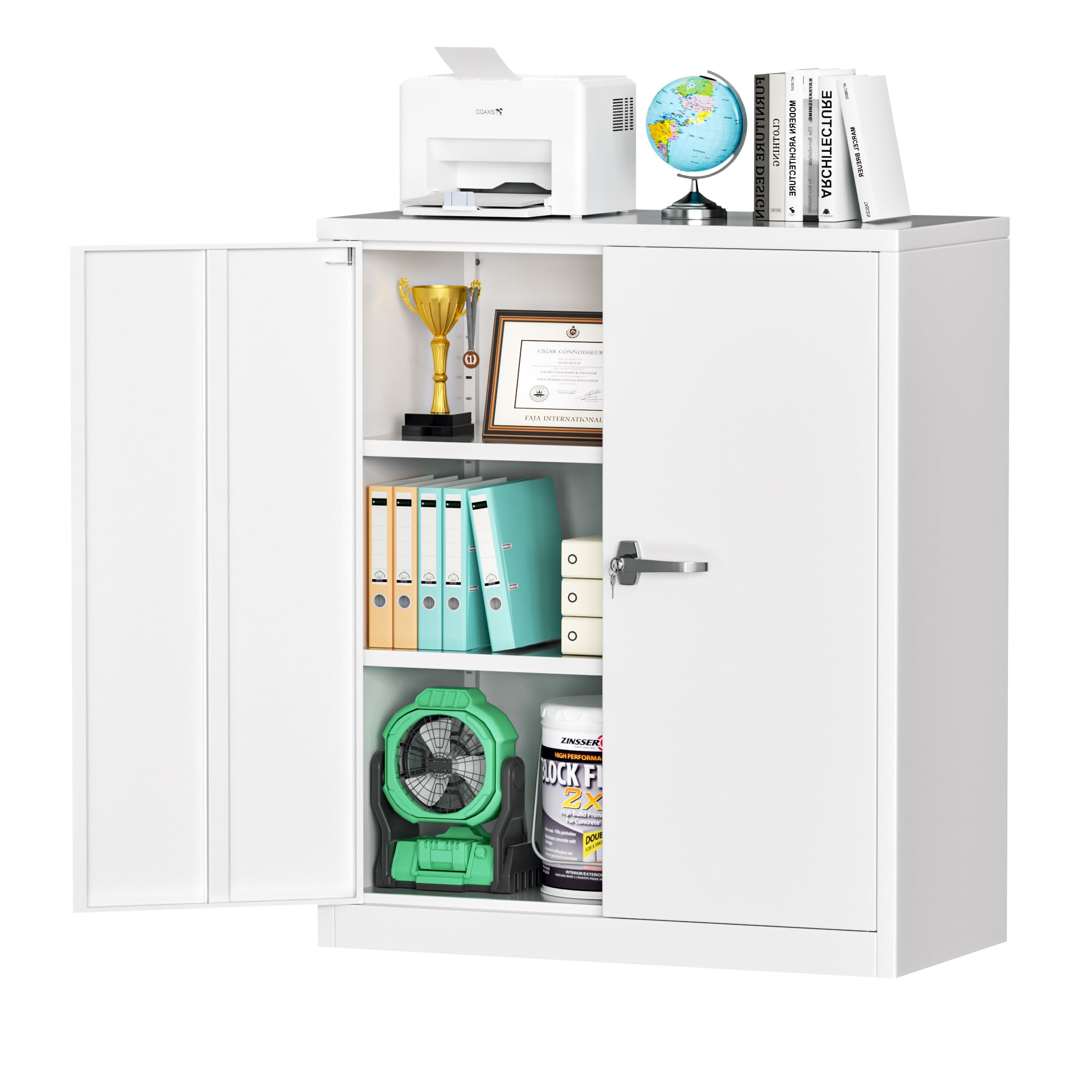 INTERGREAT Metal Garage Storage Cabinet, 36" Lockable Storage Cabinet with 2 Doors and 2 Adjustable Shelves, Steel White File Cabinet Great for Home
