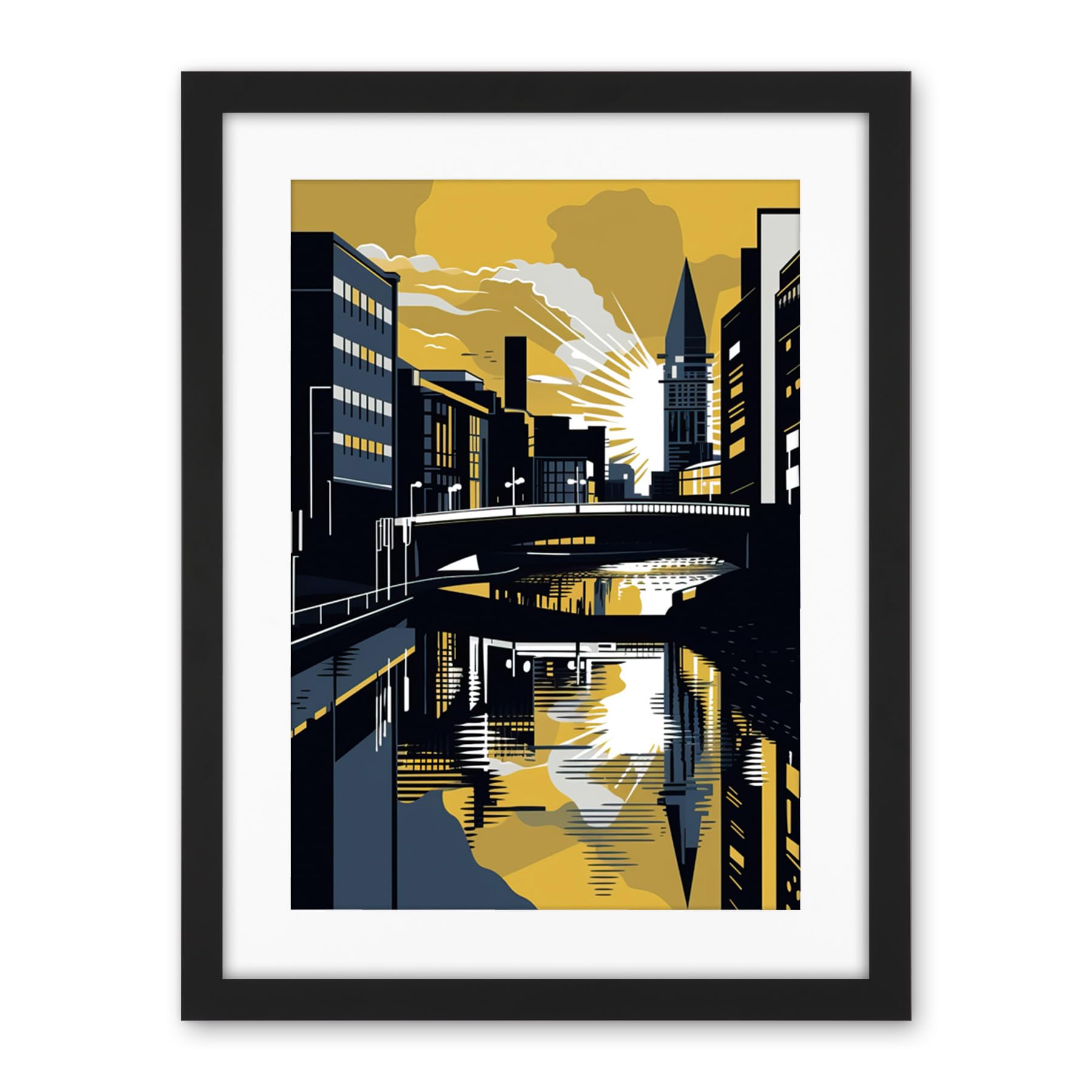 Artery8 Glasgow Scotland River Cityscape Sunrise Geometric Artwork Framed Wall Art Print 18X24 Inch