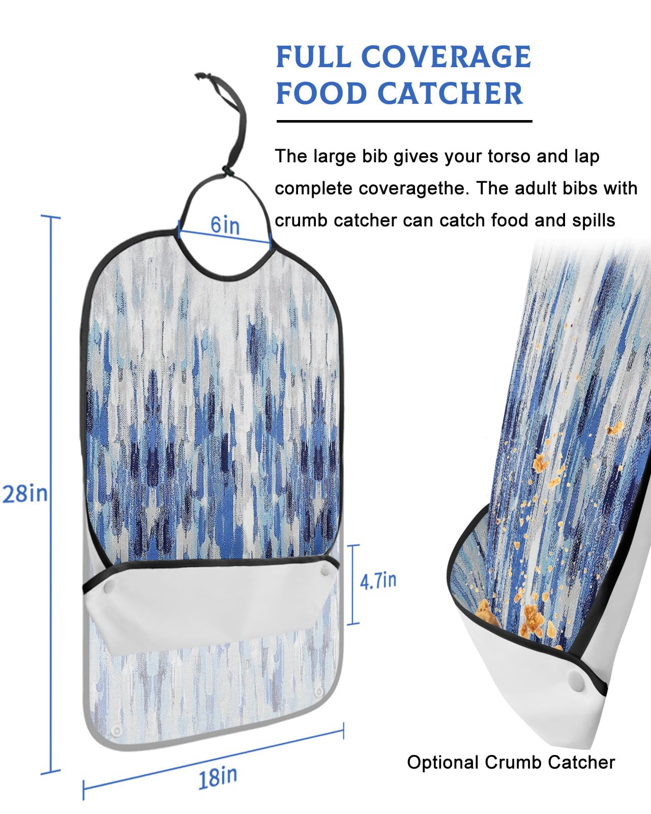 Adult Bibs for Elderly Women - Blue Ombre Waterproof Dining Clothing Protectors with Crumb Catcher for Eating/Feeding, Modern Oil Painting Abstract Art Aesthetics Terry Cloth Bib Machine Washable