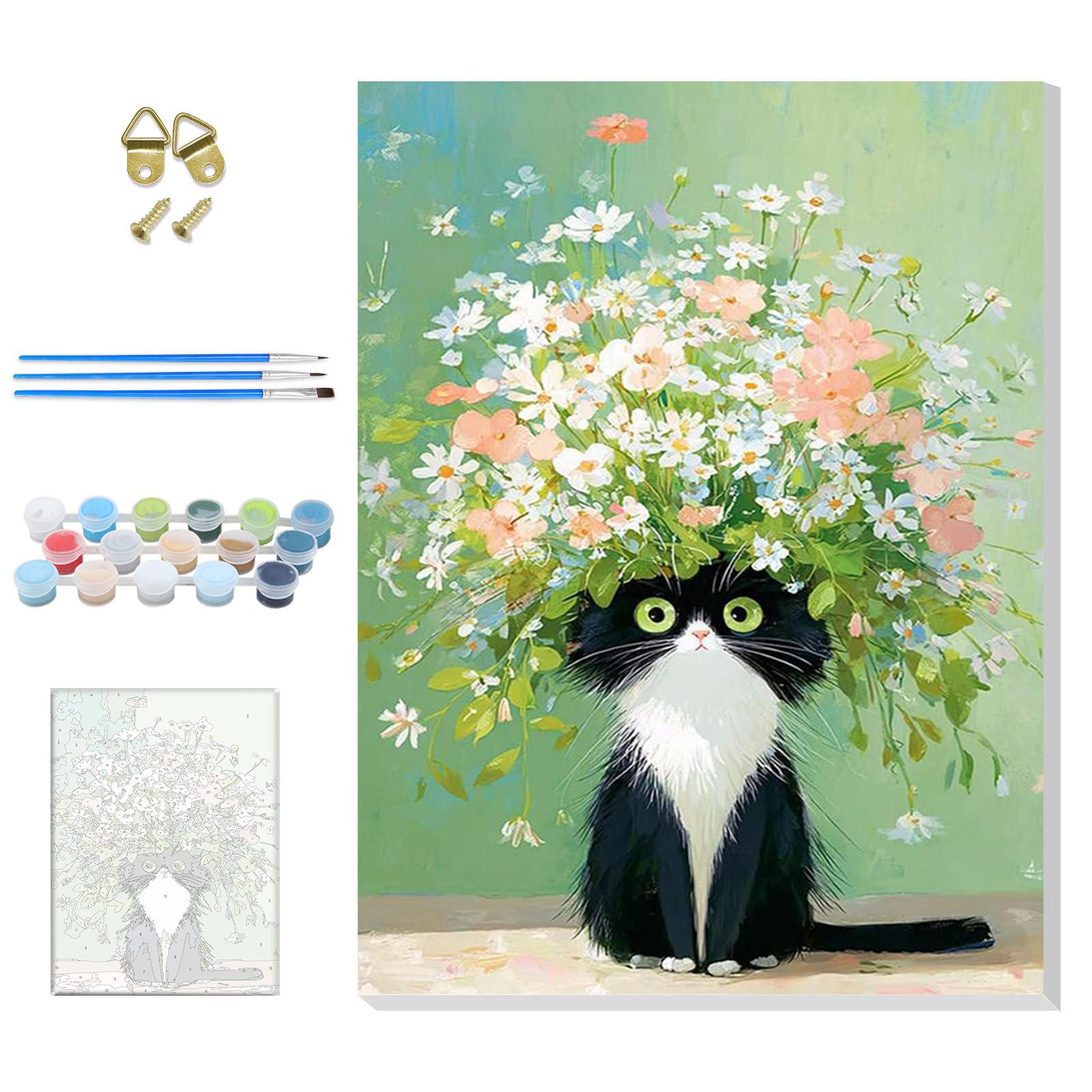 GHHKUD Cat and Flowers Paint by Number Kits for Adults with Framed Canvas, Animal Easy Adult Paint by Numbers Canvas Kits for Beginner, Oil Acrylic Arts and Crafts for Home Wall Decor 8x12inch