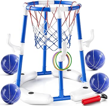 JUKUDAHU Pool Basketball Hoop for Kids, 2-in-1 Floating Pool Toys Ring Toss Game with 4 Balls, Pump, Outdoor Swimming Pool Basketball Game Water Toy Family Party for Boys Girls Adults Age 3-12