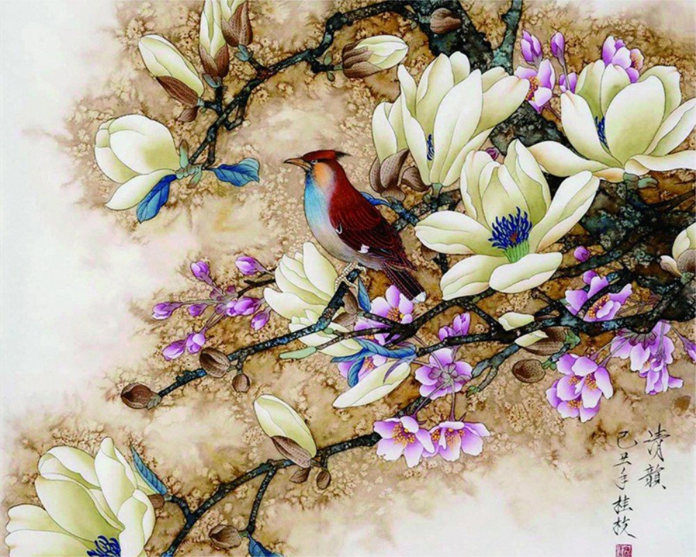 abeuty diy fabric decorating kits, paint by numbers flowers and birds 16x20 inches number painting wall art (magnolia, no frame)