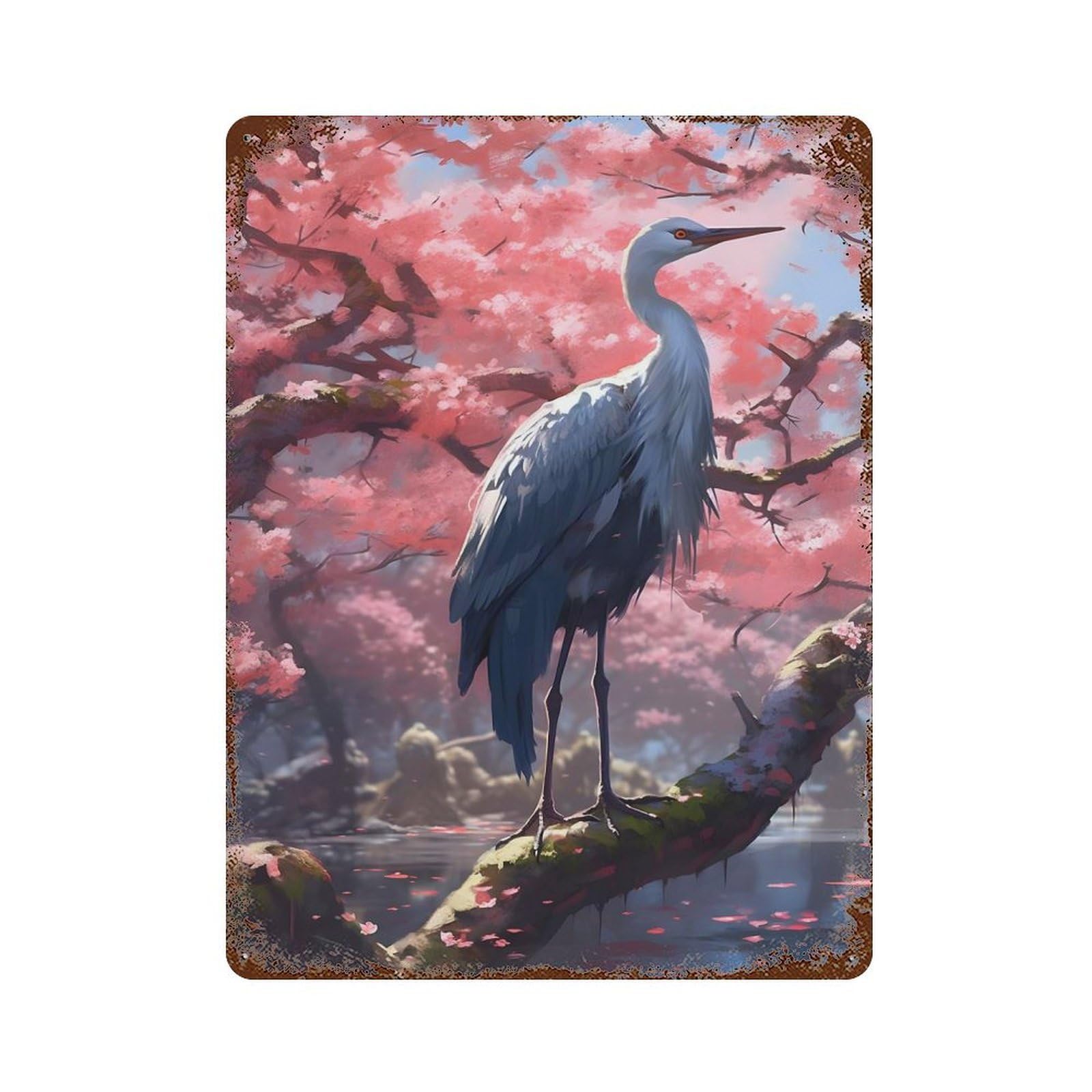 Rust Effect Serene Sakura Crane Weathered Tin Sign 15.7"x11.8", Novelty Wall Decor for Office, Studio And Wall Decor