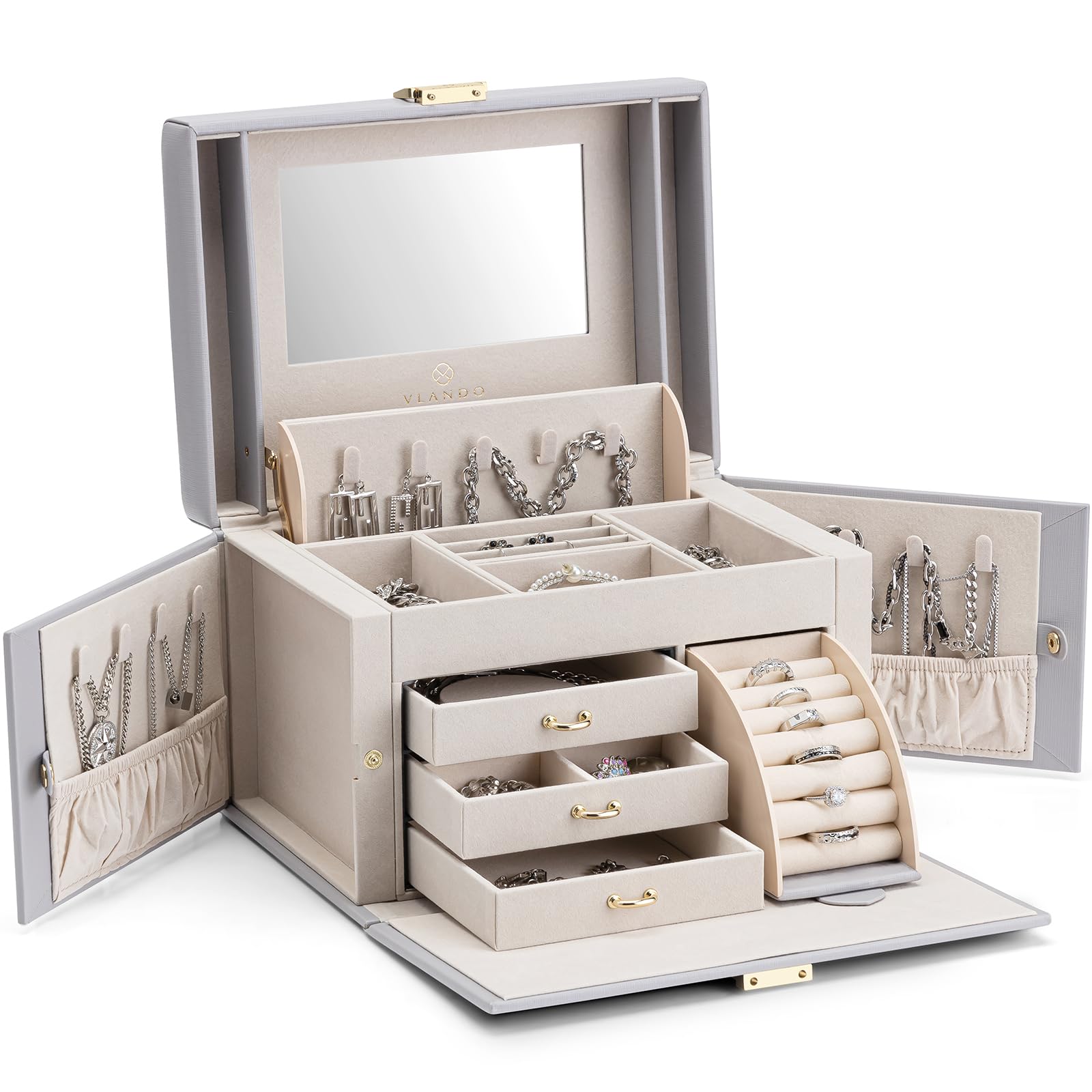Vlando Jewelry Box Organizer for Girls Women, Large Baroque Jewelry Holder Organizer with Mirror, 3 Drawers for Bracelets, Earrings, Rings, Necklaces, Mothers Day Gifts for Loved One, Grey