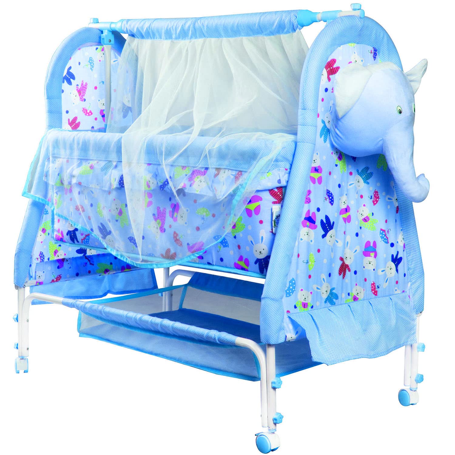 KIDBITKART Funbaby New Born Baby Swing Cradle Crib Jhula with Mattress Pillow Adjustable Height and Mosquito Net Bassinet & Wheels (Elephant Blue) - Image 2 thumbnail