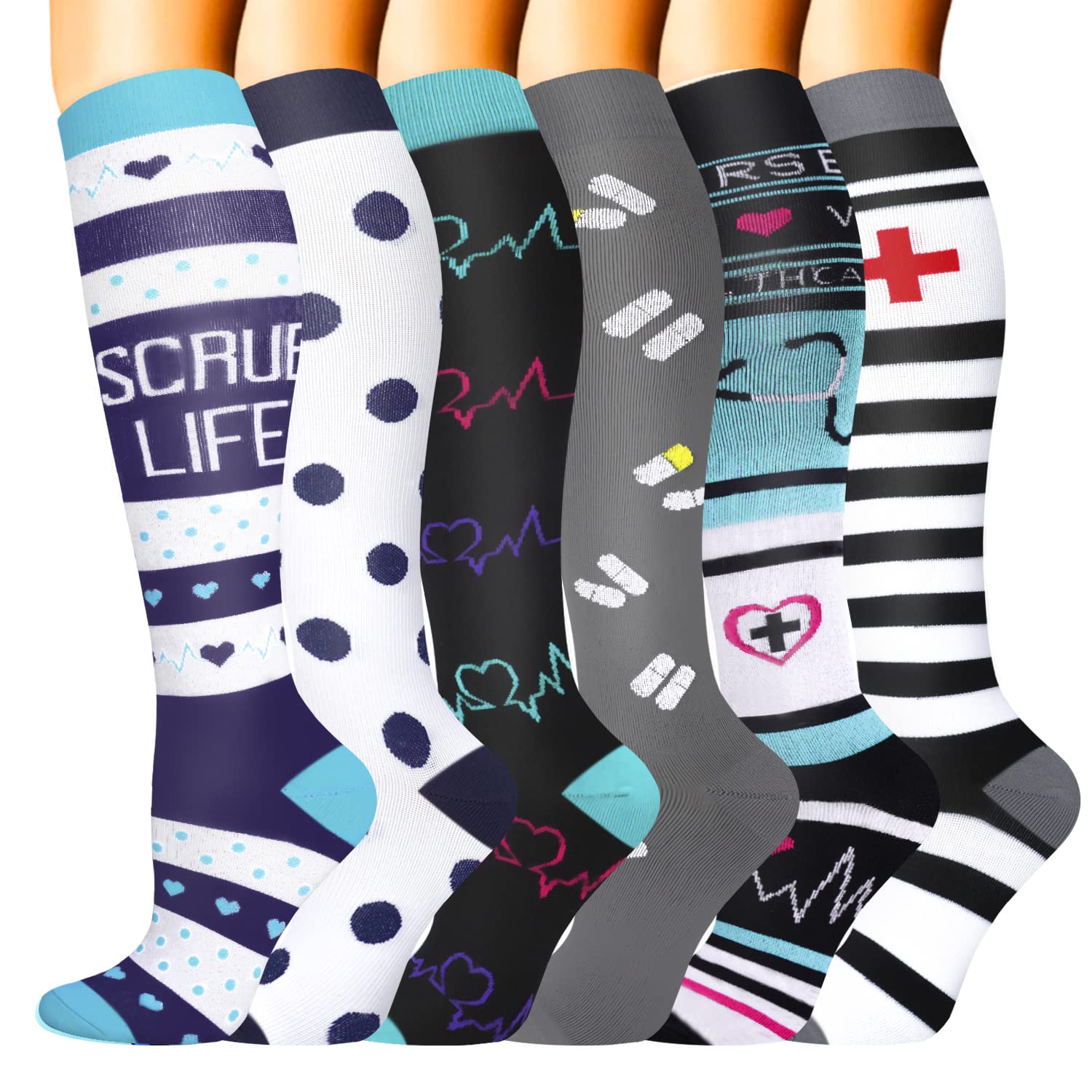 Photo 1 of Sooverki Compression Socks for Women & Men 6 Pairs is Best Supportive Knee High Stockings for Flying Work Hiking Running Athletic Plantar Fasciitis Relief Fun Cute White Black Wide Calf Nurse Gifts