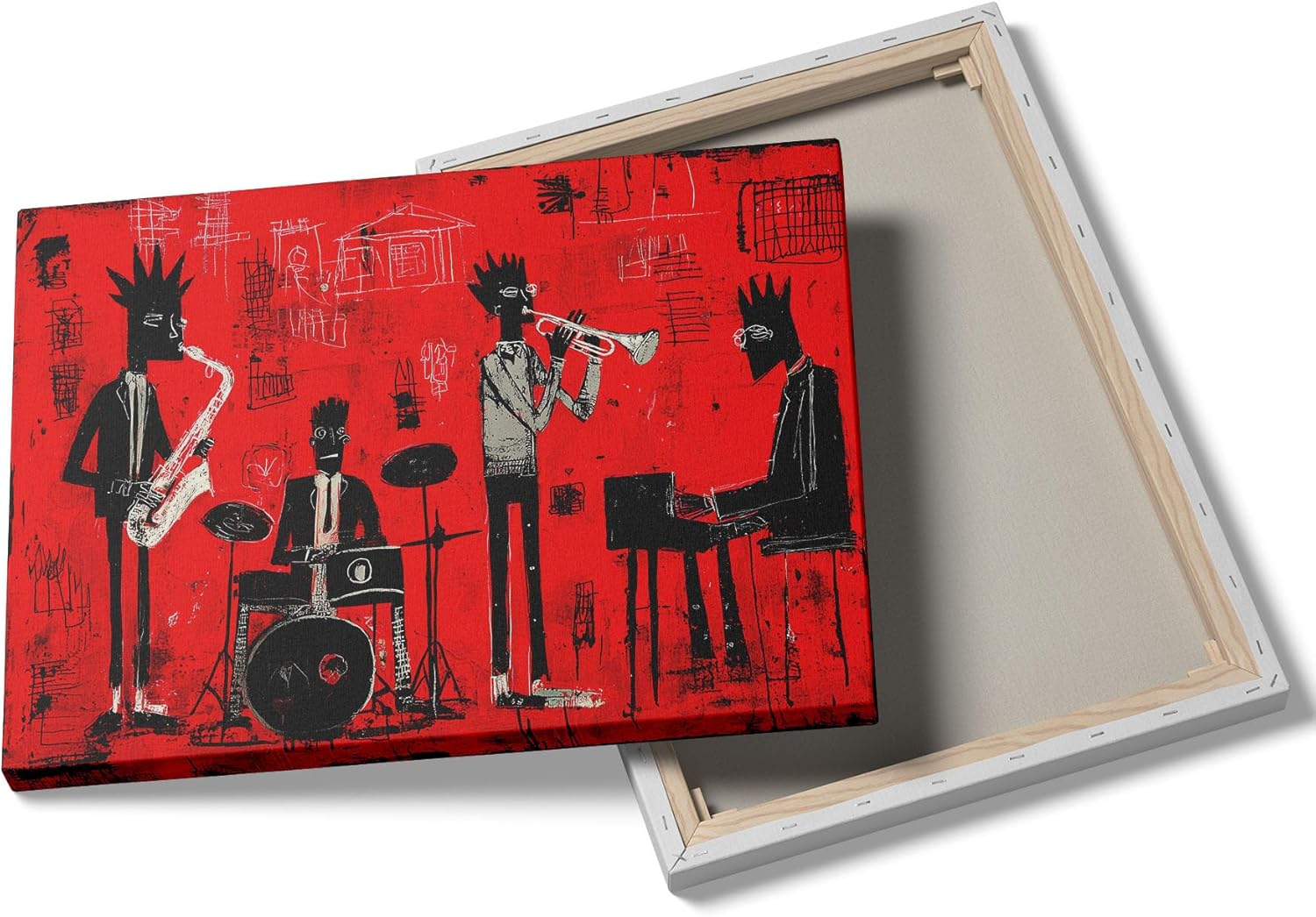 Ypxzzj Red Jazz Band Canvas Wall Art Abstract Black Musician Print Modern Graffiti Street Art for Living Room, Studio, Bar Decor Framed Ready to Hang (16''x24'')