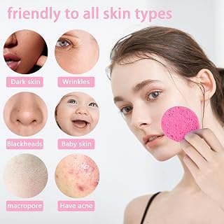 50 Pack Compressed Natural Cellulose Facial Sponges Pink Round - Gentle Exfoliating Makeup Remover for Sensitive Skin