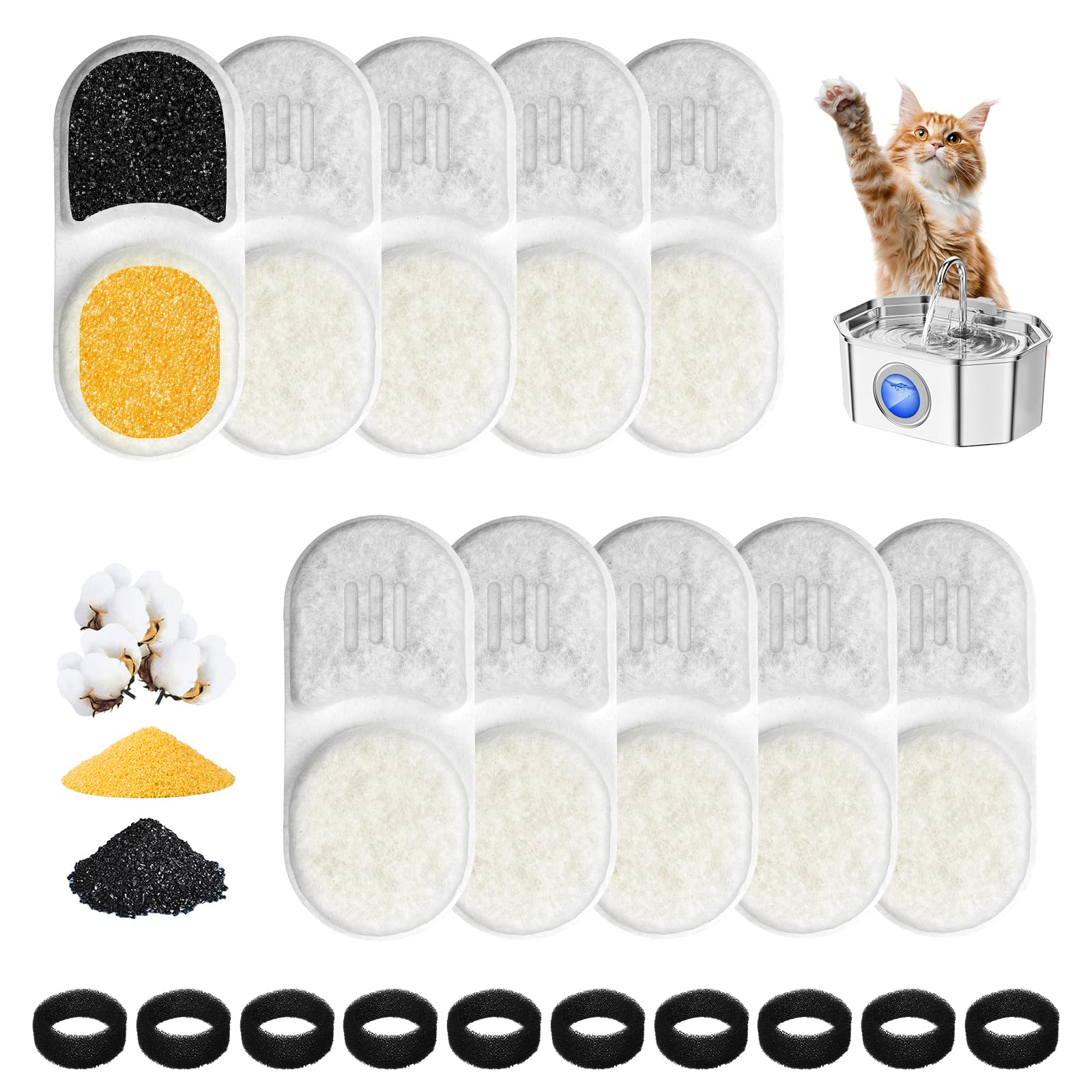 Pack of 10 Filter Cat Fountain Compatible with Apauk ‎APFSS-3201 Cat Fountain 3.2 L, Includes 10 Cat Drinking Fountain Filters & 10 Sponges, Carbon Filter Drinking Fountain, Replacement Filter for Cat
