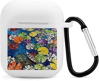 Bluetooth Earphone Case Soft Silicone Colorful Lotus Pond Protective Cover with Keychain for 2nd and 1st Generation Charging Cases