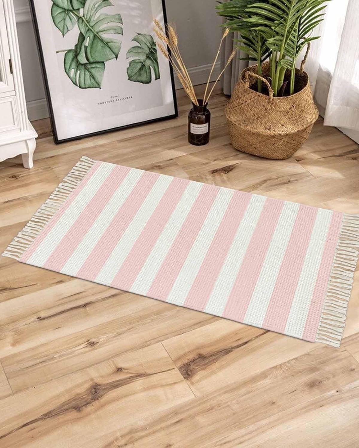 Pink Stripes Entryway Rug 3'x5', Washable Woven Cotton Area Rug with Tassels Throw Rug Bathroom Rugs, Farmhouse White Simple Vertical Striped Non Slip Carpet for Living Room Kitchen Office Dorm