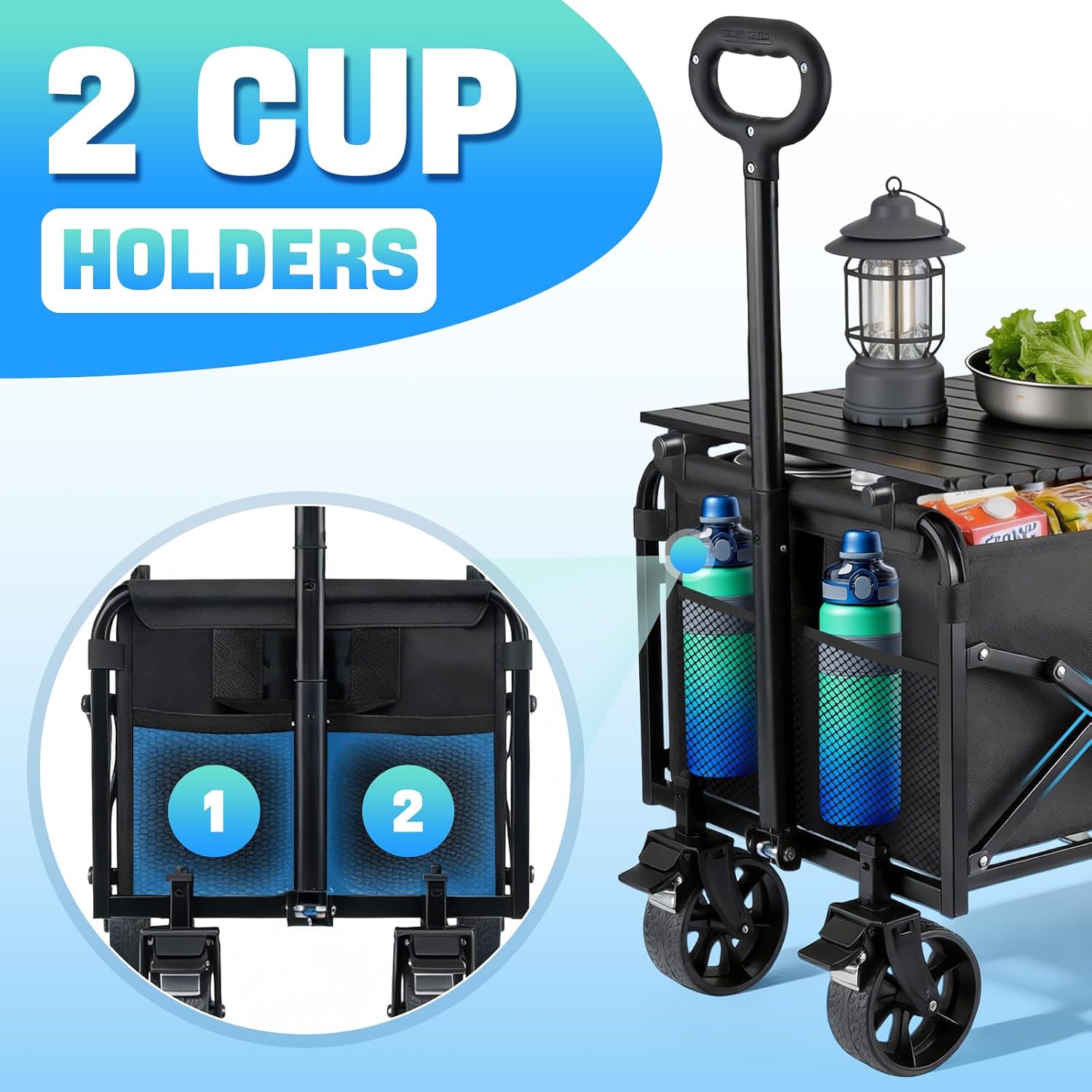 500LBS Collapsible Folding Wagon Carts with Table - 230L Large Foldable Collapsible Portable Wagon Cart with Breaks, Heavy Duty & All-Terrain Swivel Wheels for Camping Shopping Garden & Fishing