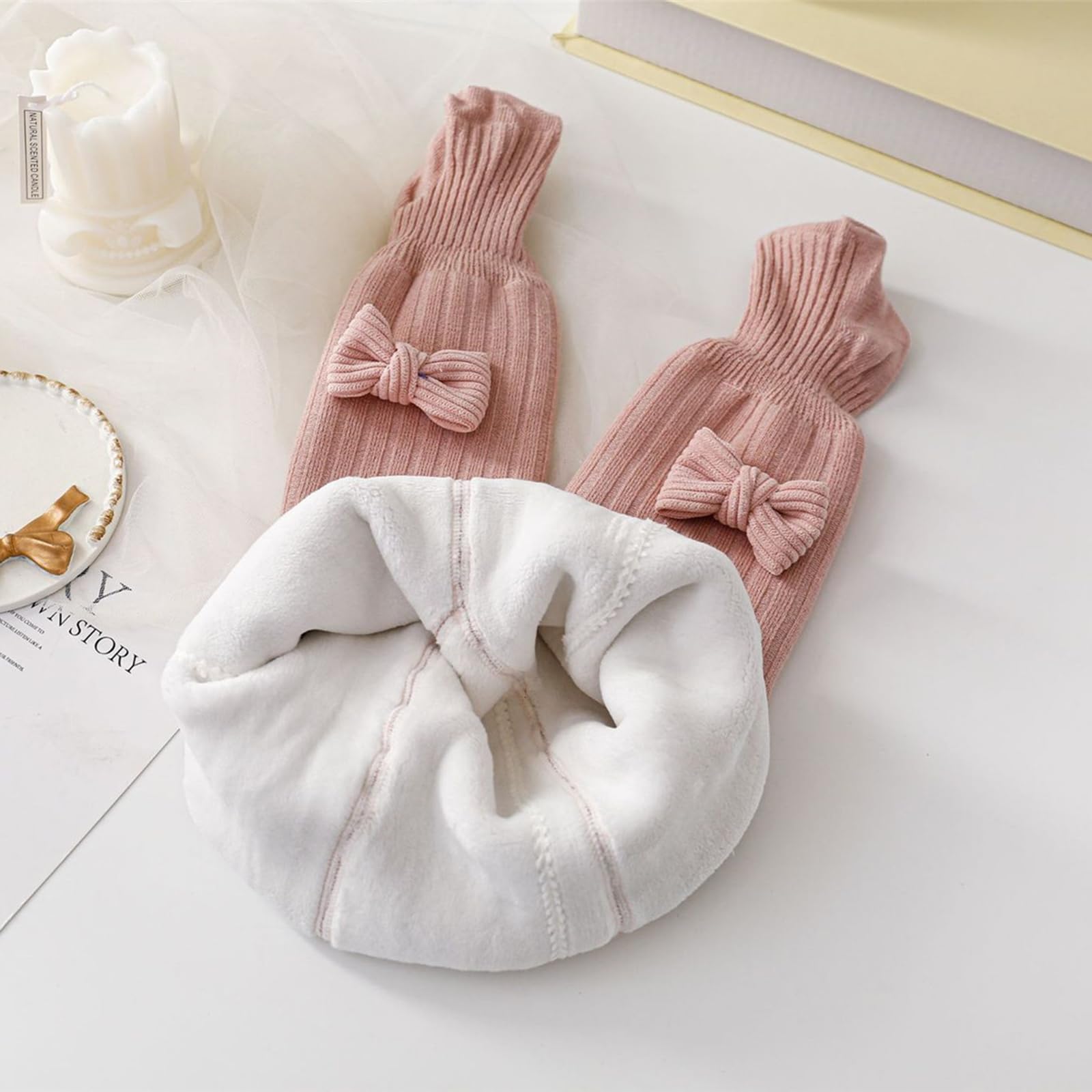 Toddler Baby Girl Fleece Lined Tights Winter Ribbed Knit Footed Leggings Bow Dec Stockings Pantyhose Socks (Pink, 6-12 Months)