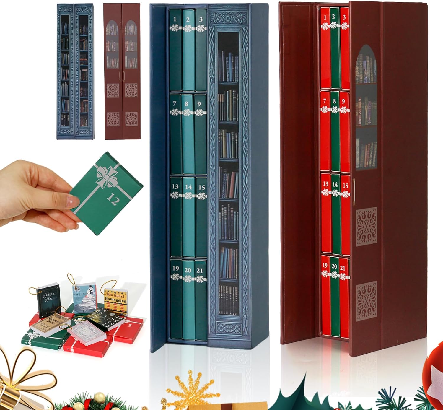Mini Book Advent Calendar 2025, Books Lovers Advent Ornament with 24 Book Gift, Double Doors Christmas Books Countdown Calendar for Literature Lovers, Holiday Decorations (Blue+Red)