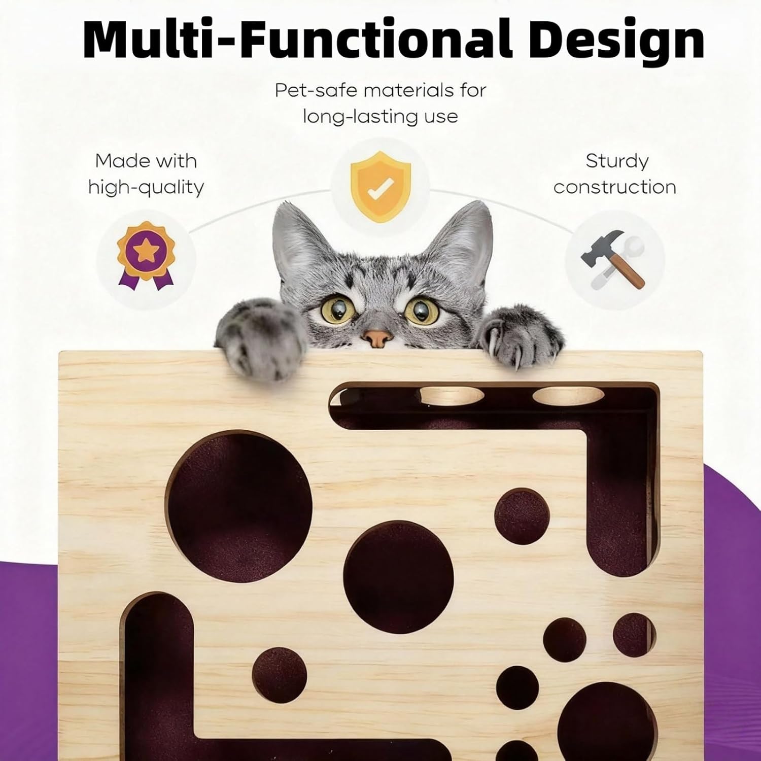 Cat Nail File Enrichment Box, Cat Scratch Puzzle Enrichment Box, with Frosted Stickers Inside, Solid Wood Maze Entertainment Claw Grinding Puzzle Box