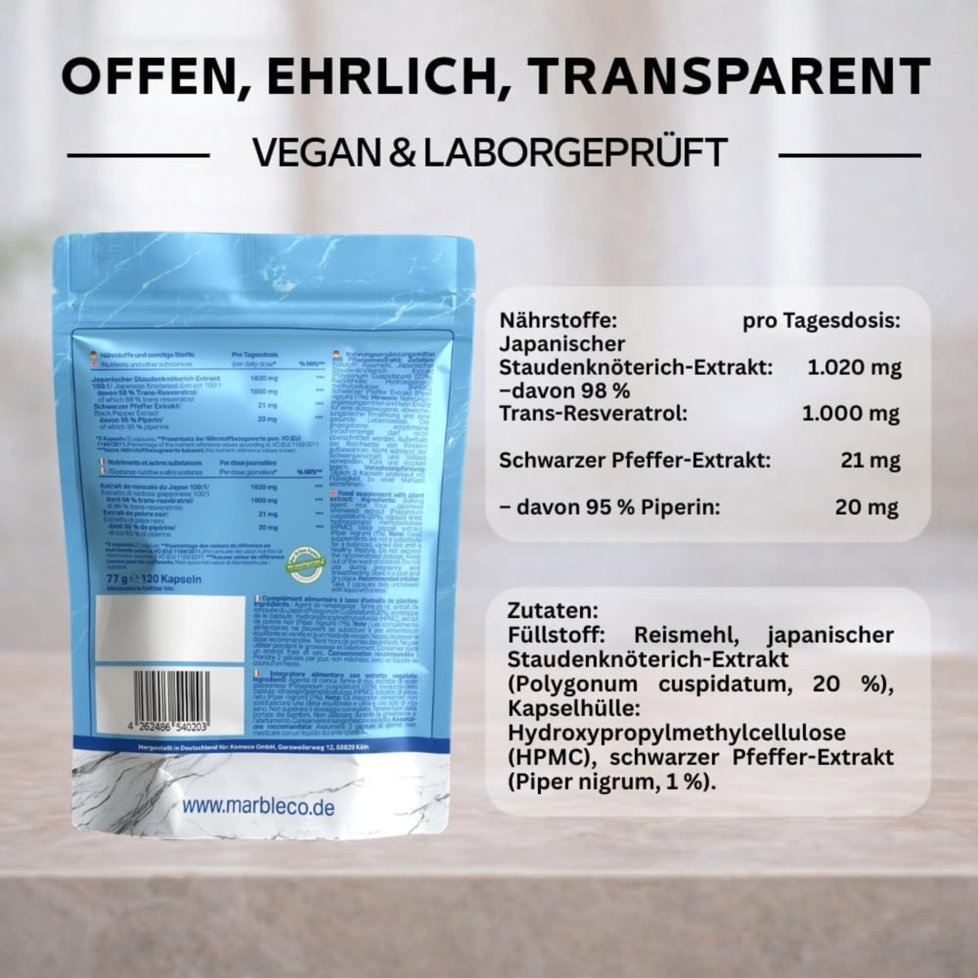 marble® Trans-Resveratrol 1000 mg, 120 vegane Kapseln - 2 Monatsvorrat, aus Japanischem Staudenknöterich 100:1 Extrakt + Piperin, laborgeprüft, Made in Germany - 30 Tage risikofrei testen