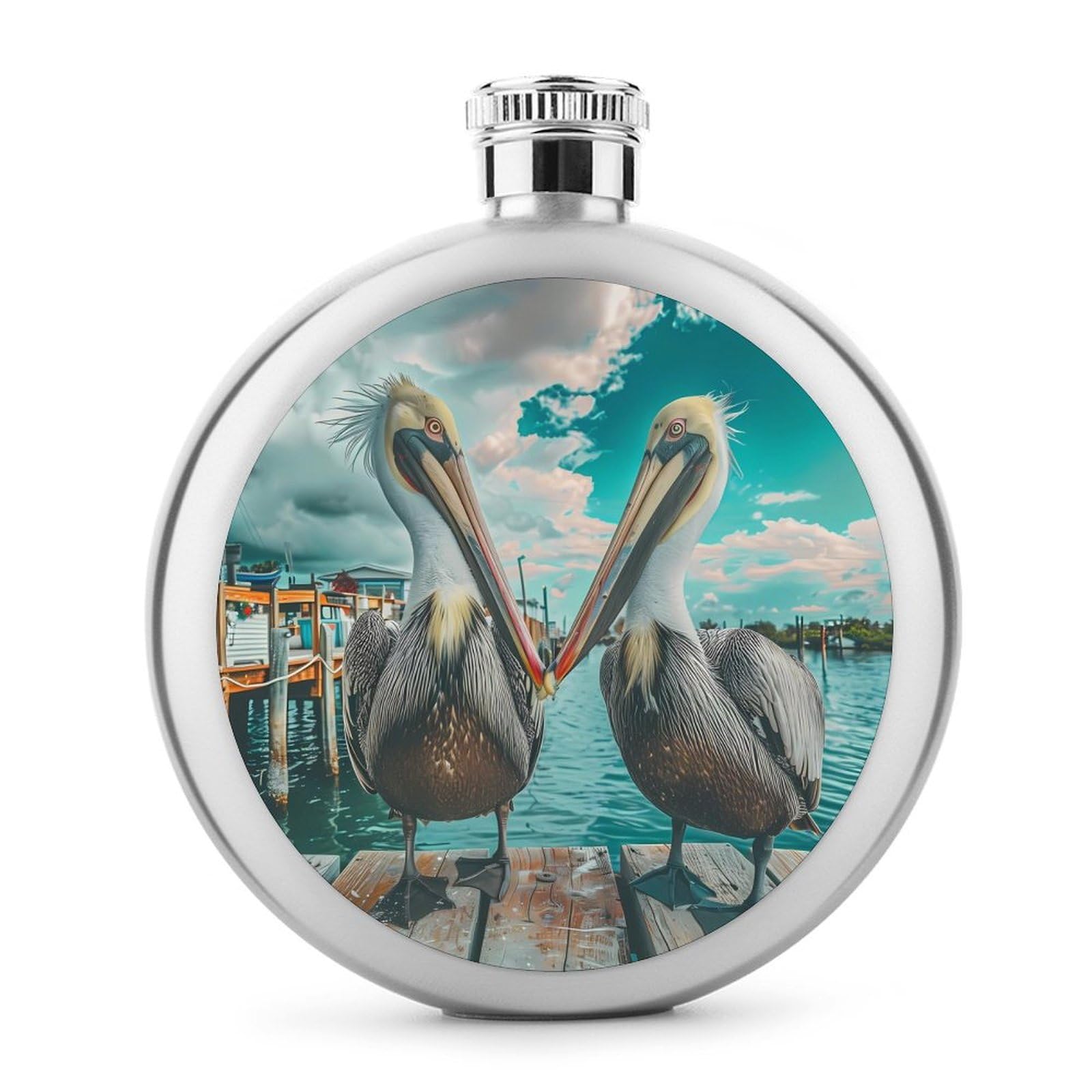 Wildlife Pelican Bird Ocean Pier Classic Hip Flasks for Liquor 5 Oz Stainless Steel Wine Flask Reusable Flask for Men Women