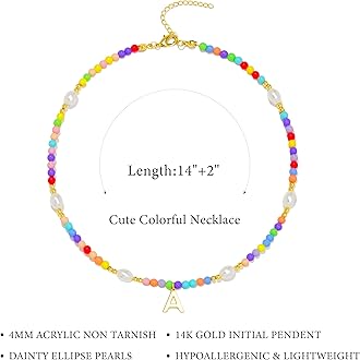 Personalized Initial Necklace for Women Teen Girls – Cute Preppy Colorful Rainbow Beaded Pearl Choker with Letter Pendant, Dainty Summer Beach Aesthetic Jewelry Gift for Kids, Teens, Women, Birthday