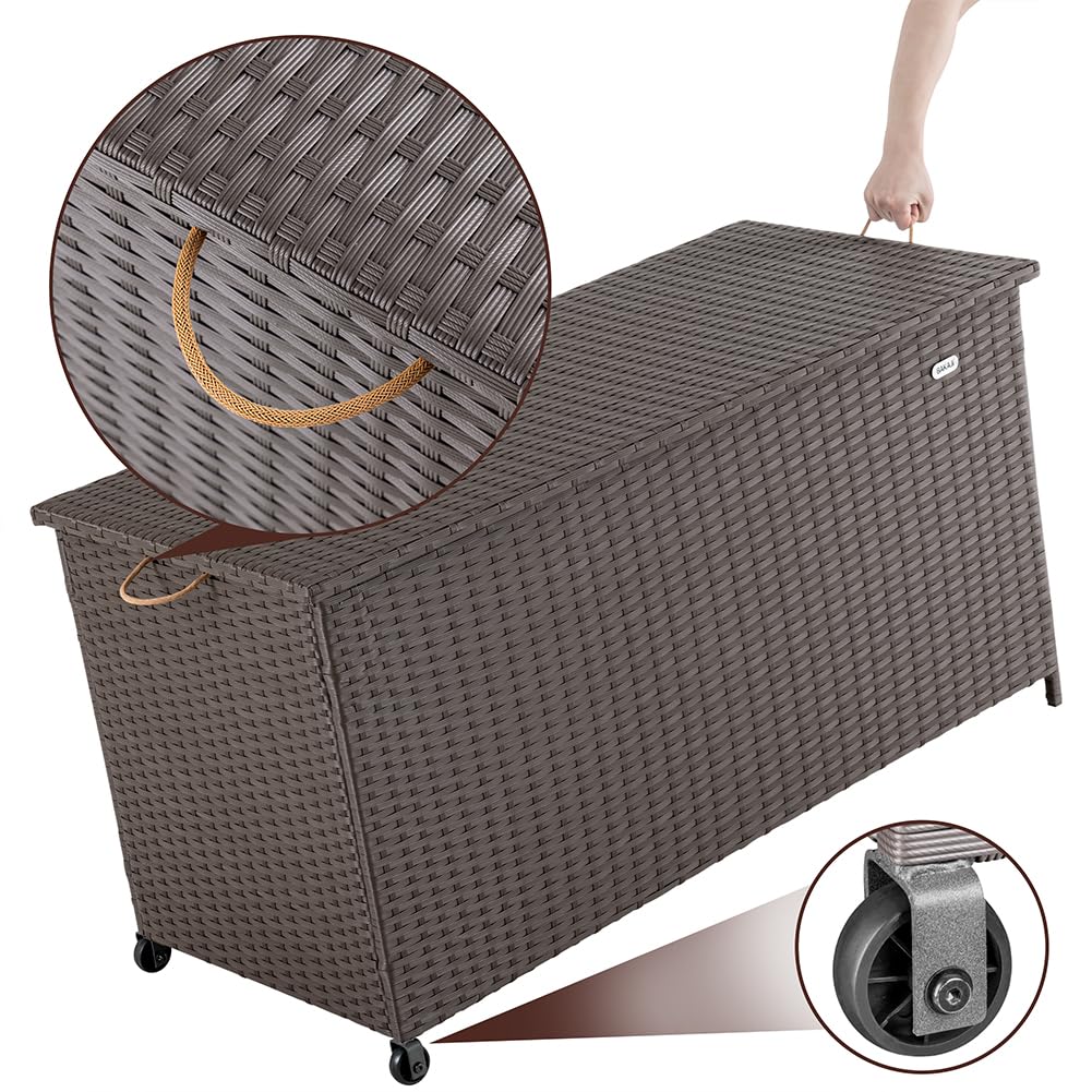 BAKAJI Coffre de rangement de jardin en polyrotin 420 litres, boîte d'extérieur imperméable résistante aux rayons UV, coffre XXL avec roues pour transport et poignée, 121 x 55 x 60 cm (marron)