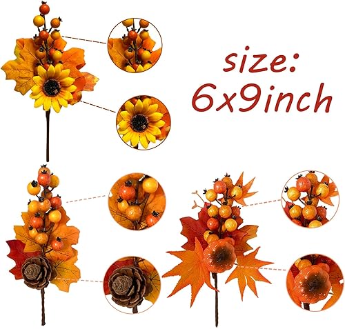 Miniatura 2 de Paquete de 6 tallos de otoño, púas de bayas artificiales con cono de pino, girasoles de calabaza, hojas de arce, ramas de decoración para cosecha,