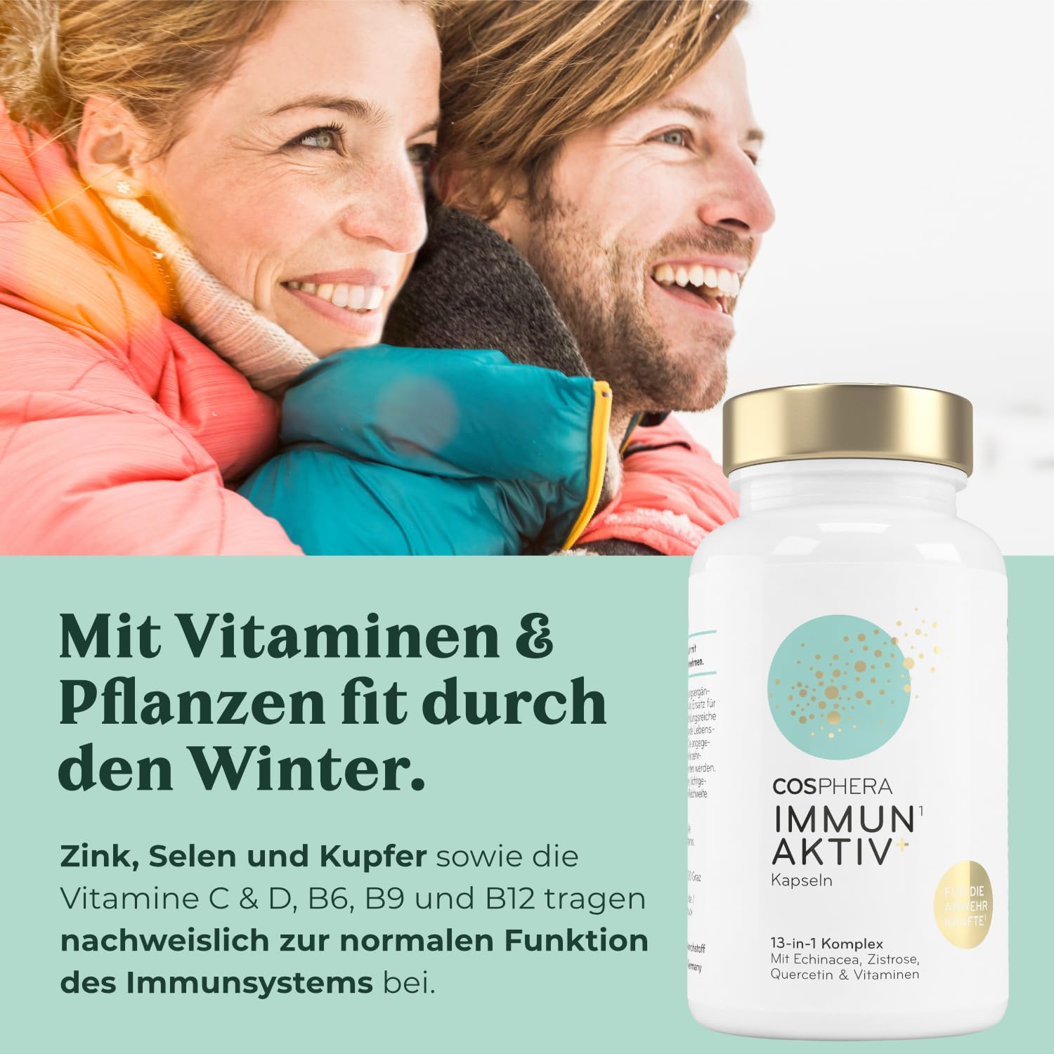 COSPHERA® 13-in-1 Immun Komplex - mit Echinacea, Vitamin C, Zink, Selen, Zistrose, Quercetin, D3, B6, B9, B12 - Vitamin Komplex zum Immunsystem Stärken Erwachsene - Vegan & Hochdosiert