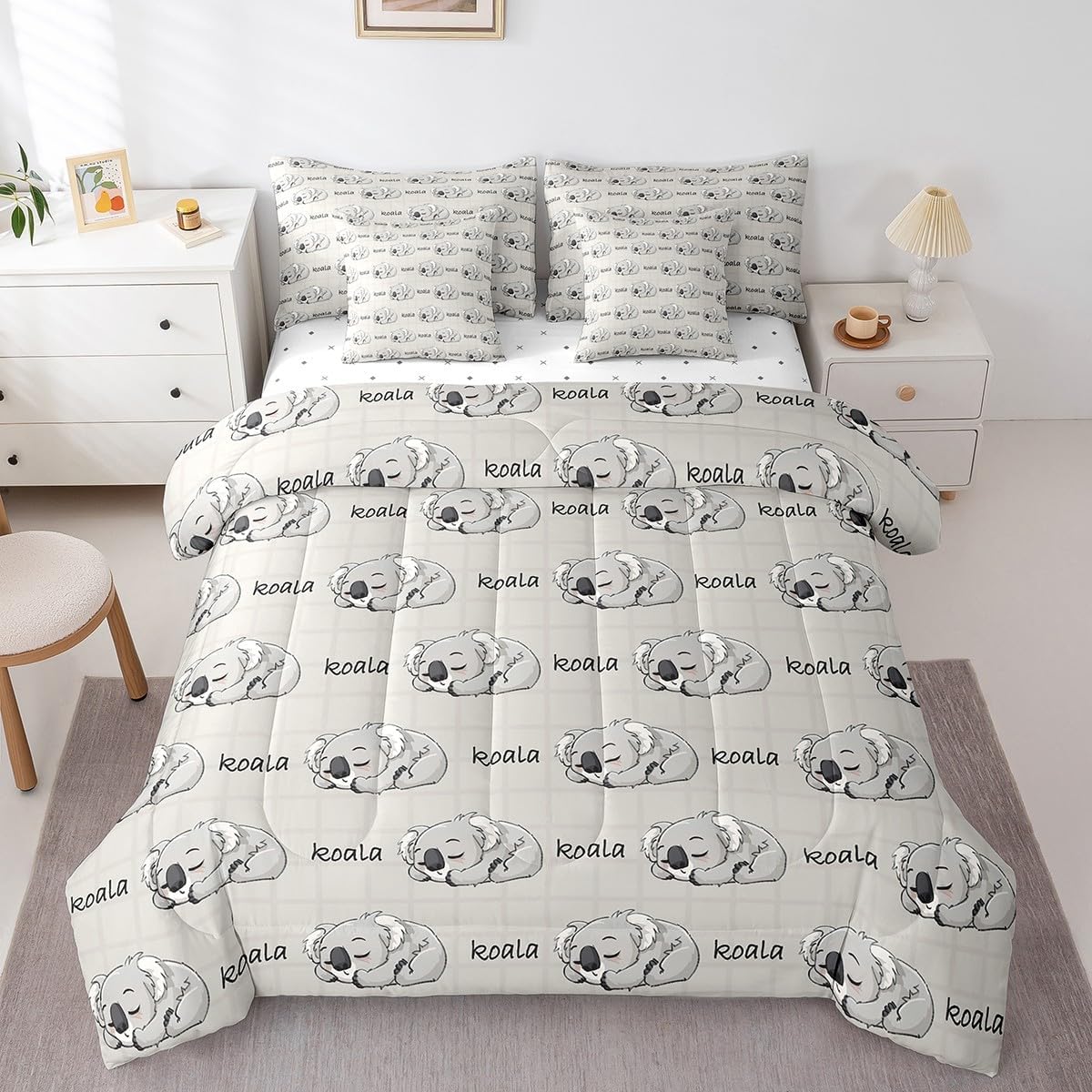 Feelyou Toddler Cute Koala Queen Comforter Set with Sheets for Girls Boys Kids Cute Animal Bed in a Bag Room Decor Kawaii Wild Animals 7 Pieces Bedding Set Bed Set Grey Brown