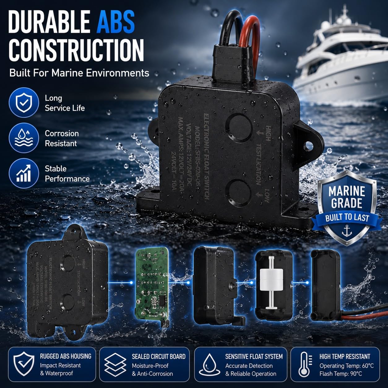 Sensor de bomba de sentina marina Alarma automática Bomba de sentina Interruptor de flotador Interruptor de sensor de nivel de agua Aparato de alarma para yates Bomba de 24V