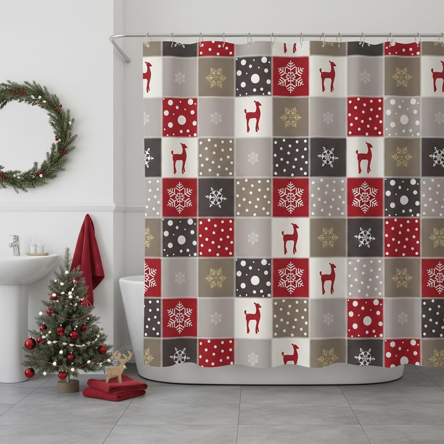 Christmas Buffalo Plaid Shower Curtain Red Elk Deer Snowflake Xmas Reindeer Winter Holiday Bathroom Curtain Waterproof Polyester Fabric Bath Curtain 72 x 72 Inch with 12 Plastic Hooks