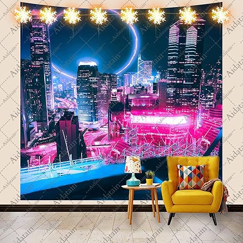 Miniatura 14 de Aidatain Tapiz Punk Cityscape Neon Nightscape de ciencia ficción de arte electrónico grande de 80 x 60 pulgadas para dormitorio y sala de estar