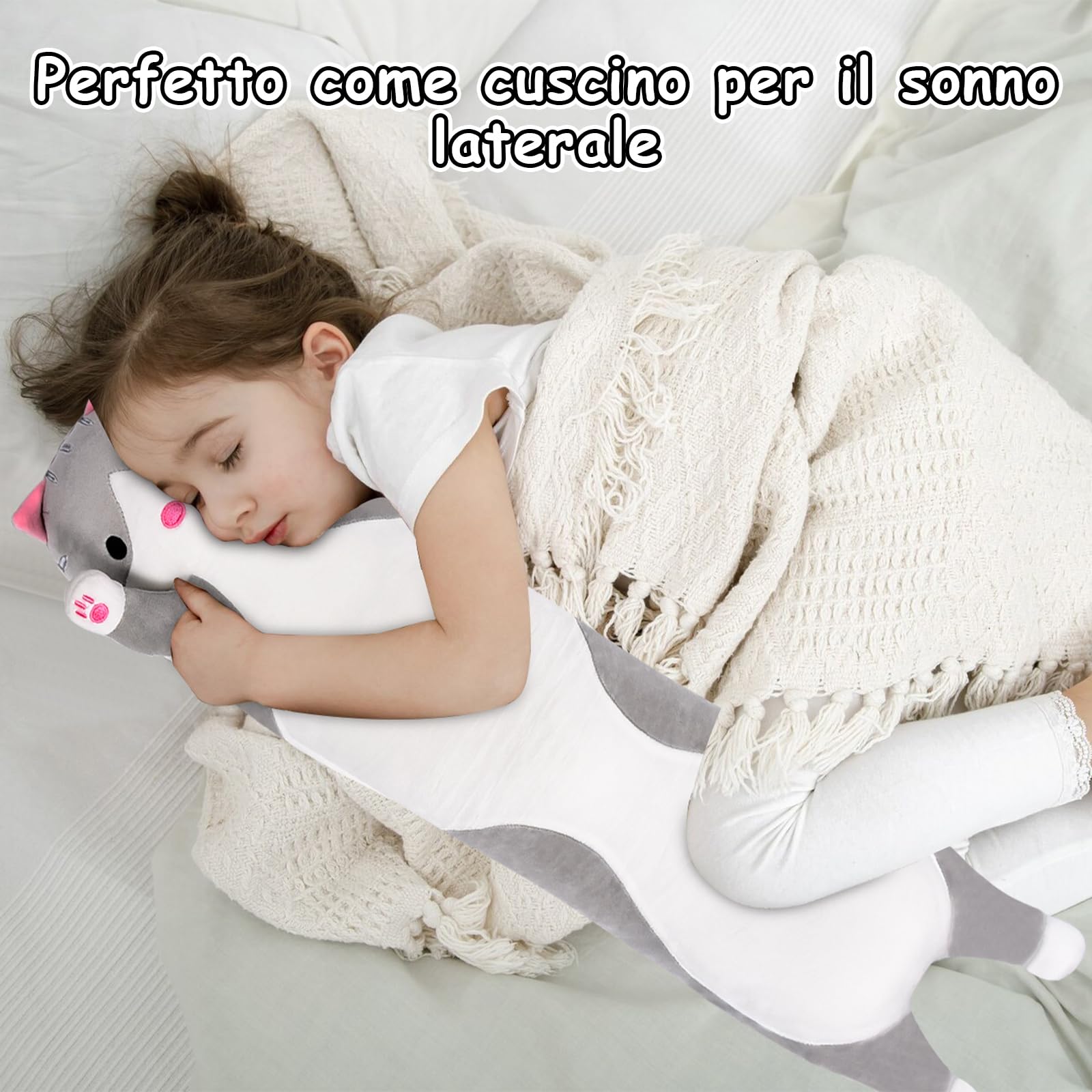 Aragallant Cuscino Gatto Lungo, Peluche Cuscino Lungo, Cuscino Peluche Gatto Morbido adatto ai bambini a partire dai 3 anni, Regali di Natale e compleanno per bambini (Nero, 70CM)