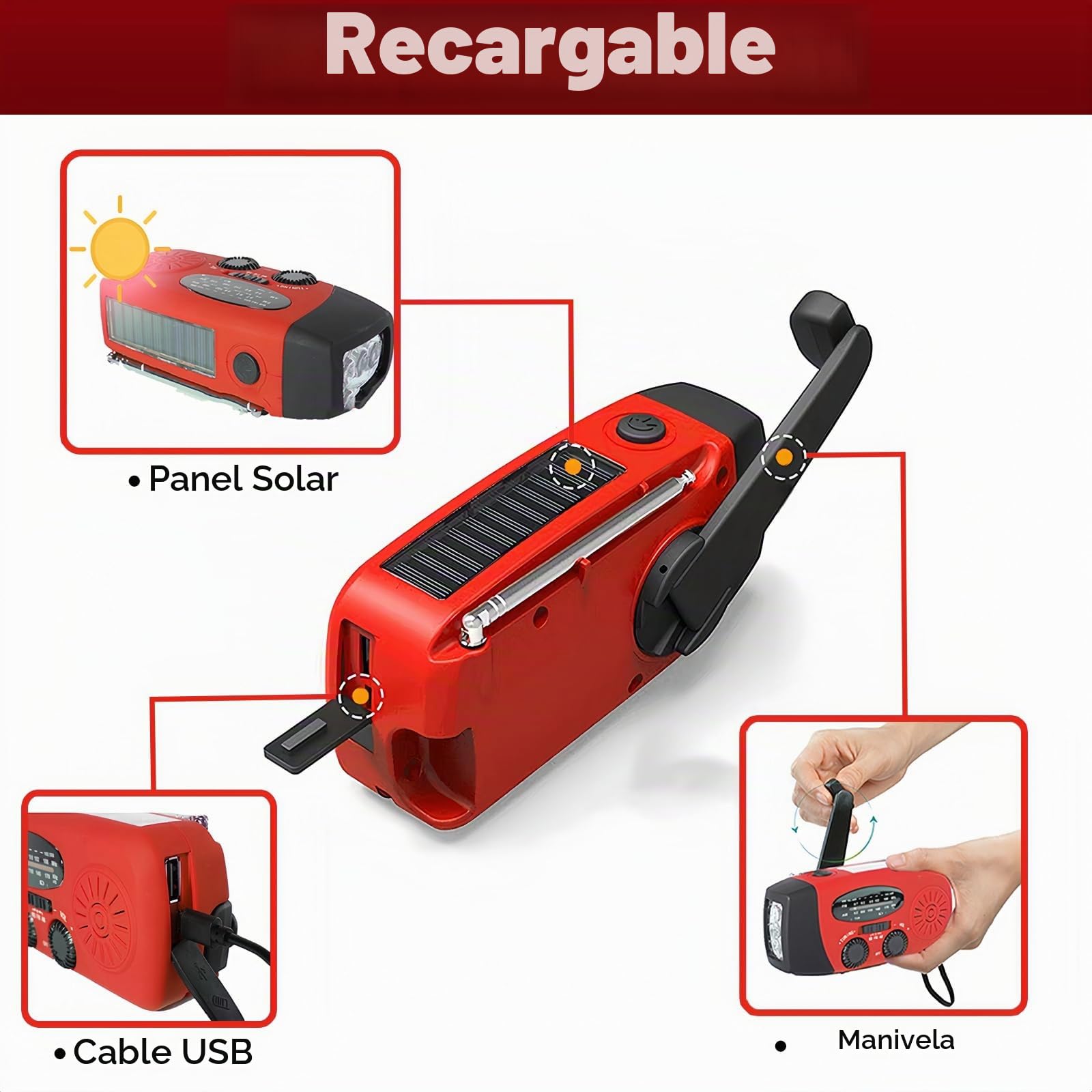 Radio solar portátil con meteorología AM/FM/NOAA, generador de manivela, 2000 mAh, cargador USB para teléfonos móviles, linterna LED, para emergencias, camping, pesca (rojo)