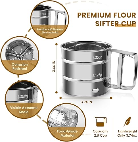 Miniatura 2 de Tamiz de harina, tamiz de acero inoxidable de alta calidad para hornear, tamiz de harina de malla fina para hornear, tamiz de manivela con una mano