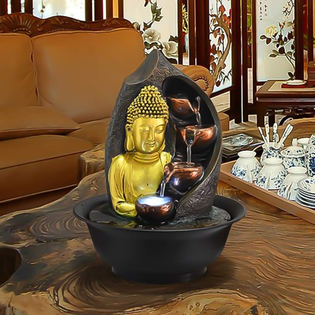 Una fontana di Buddha illuminata, fontana di meditazione zen per interni, statua di Buddha in resina, regali e decorazioni, fontana di acqua feng shui dorata da 11 pollici