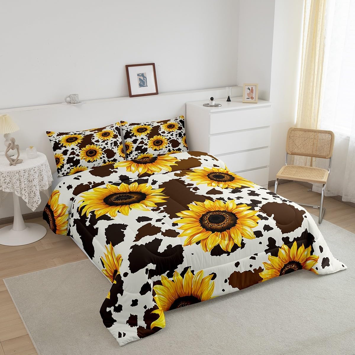 Sunflower Cow Comforter Set for Kids Girls Youth, Rustic Brown Bedding Set with Yellow Floral Ultra Soft, Full Size Wildlife Farmhouse Duvet Insert Abstract Milk Cow Bedding Collections 3pcs