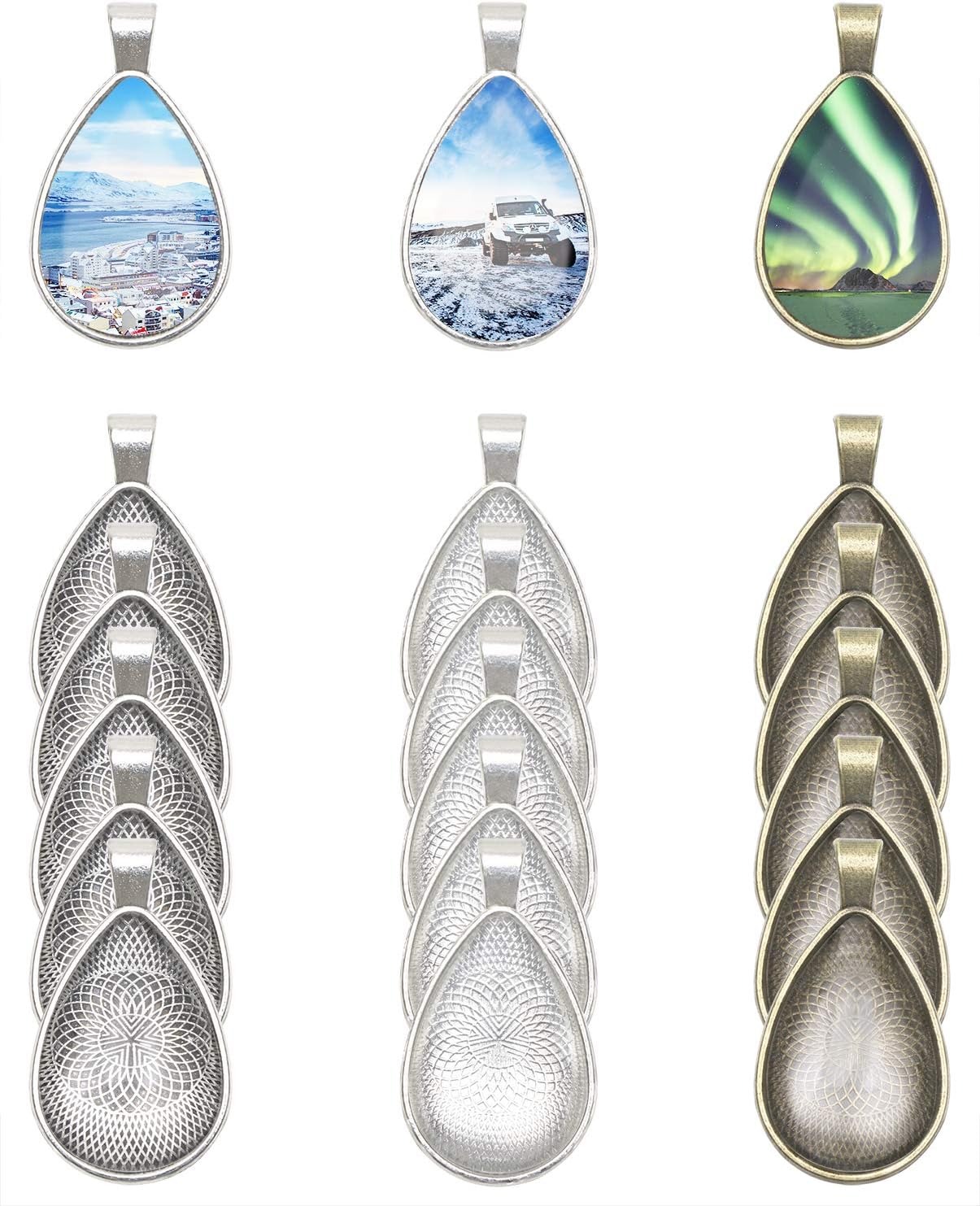 PENTA ANGEL 15Pcs 3 Colors Teardrop Bezel Pendant Trays Bezel Setting Trays with 15Pcs Clear Glass Dome Cabochon for DIY Craft Photo Jewelry Making (Teardrop-30Pcs)