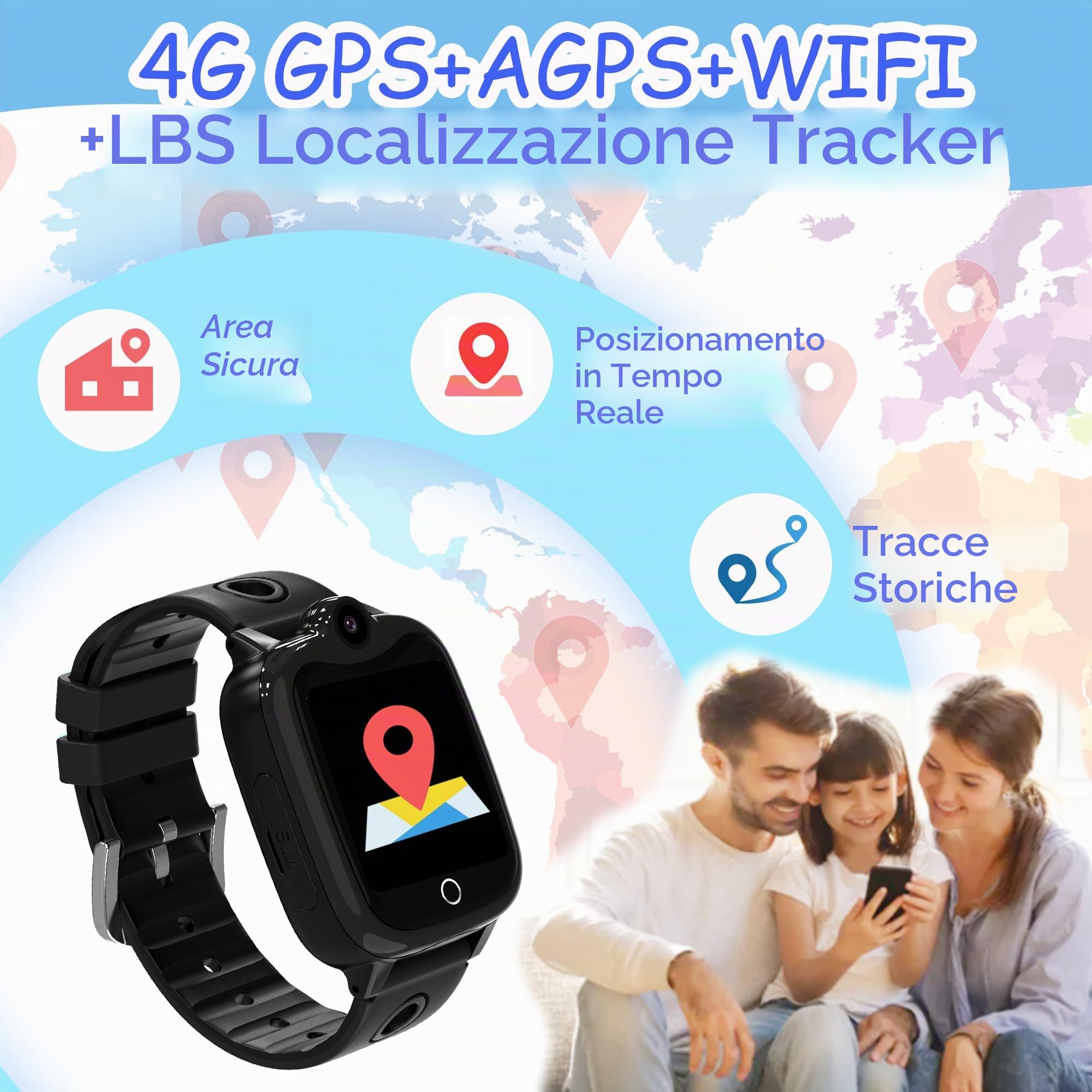 4G Smartwatch per Bambini, Smartwatch con GPS e SOS, Chiamate, Videochiamate, Chat e SMS, Fotocamera, IP68, Modalità Scuola, Sveglia, Torcia, Orologio Telefono Bambini Regalo per Ragazzi e Ragazze