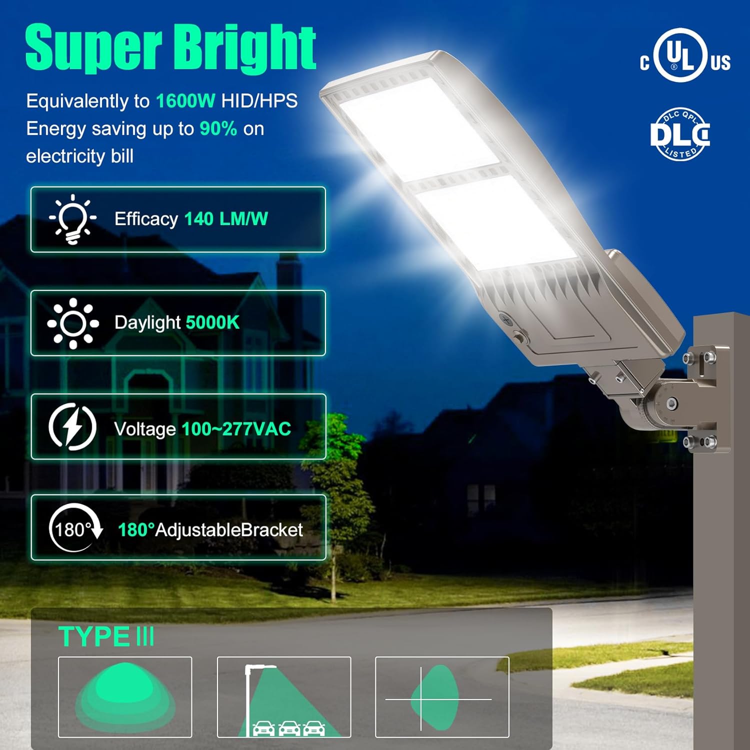 400W LED Parking Lot Light with Dusk to Dawn Photocell Power Adjustable Outdoor Lighting Arm Mount 60000LM IP65 UL & DLC Commercial Shoebox Pole Lights for Street Stadium Tennis Court 5000K (100-277V)