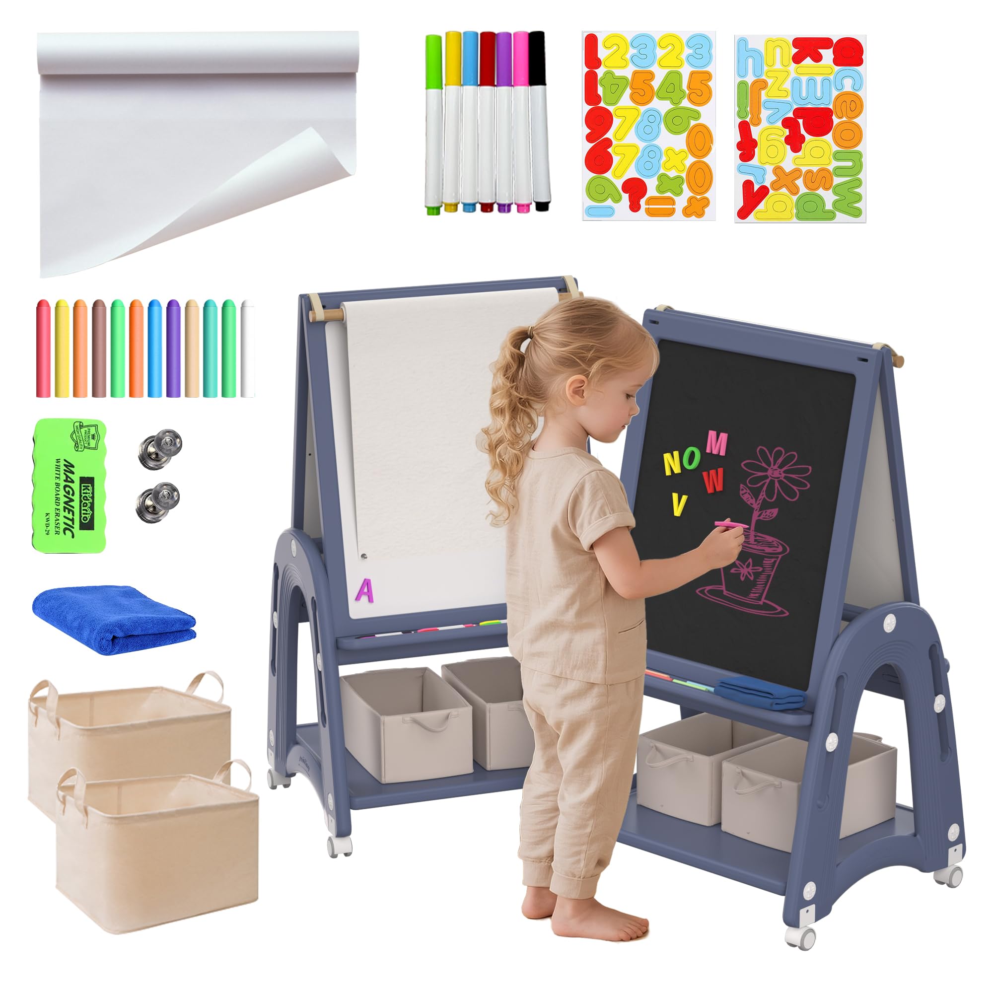 Hominewti 3 in 1 Lavagna per Bambini, Cavalletto per Bambini con Rotolo di Carta, Lavagna Doppia Lato Bianco e Nero, Altezza Regolabile, Cavalletto Mobile, per Ragazzi e Ragazze, Blu