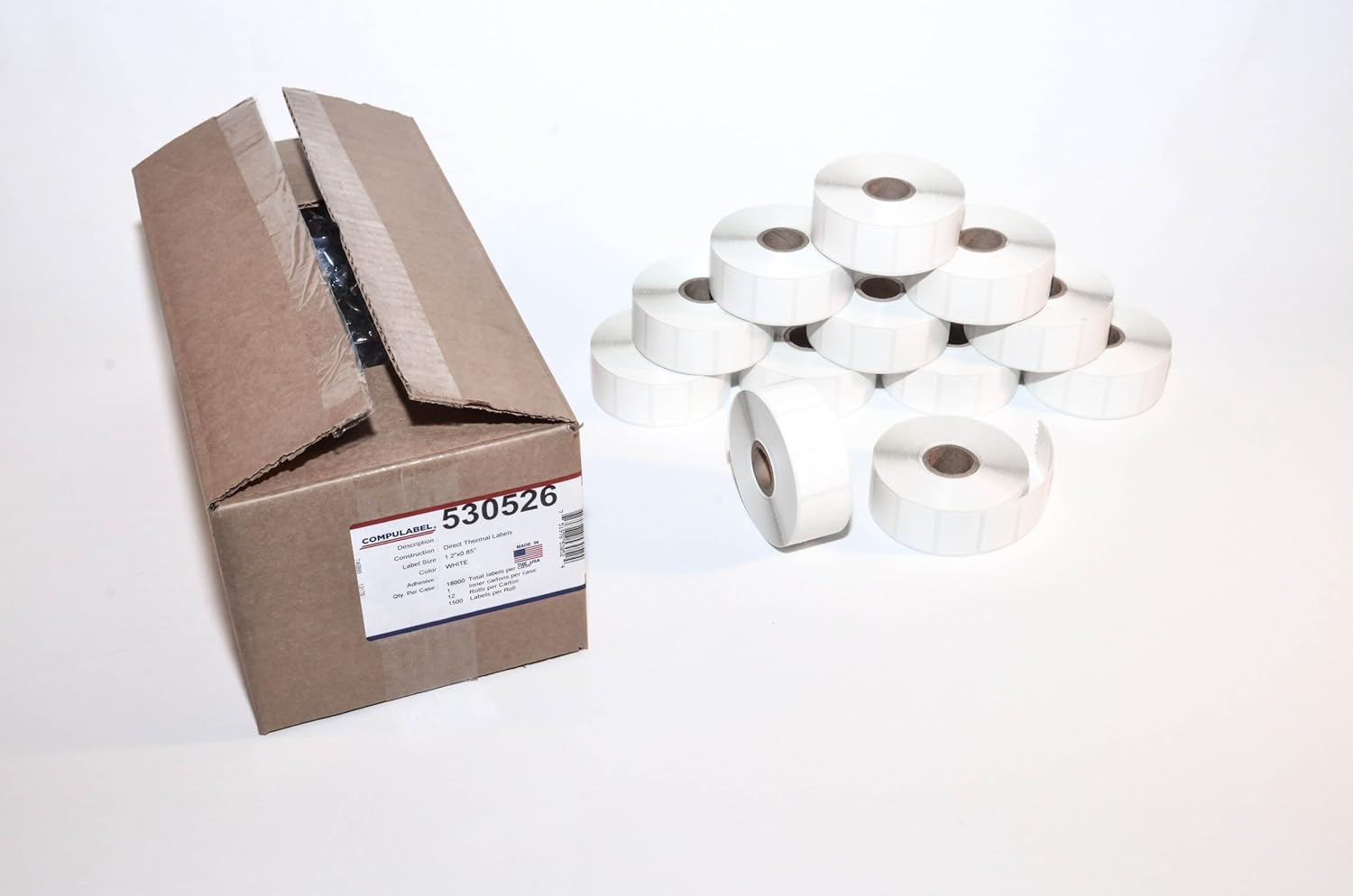 CompuLabel Direct Thermal Labels, 1.2-Inch x .85 Inch, White, Roll, Permanent Adhesive, Perforations Between Labels, 1500 per Roll, 12 Rolls per Carton (530526)